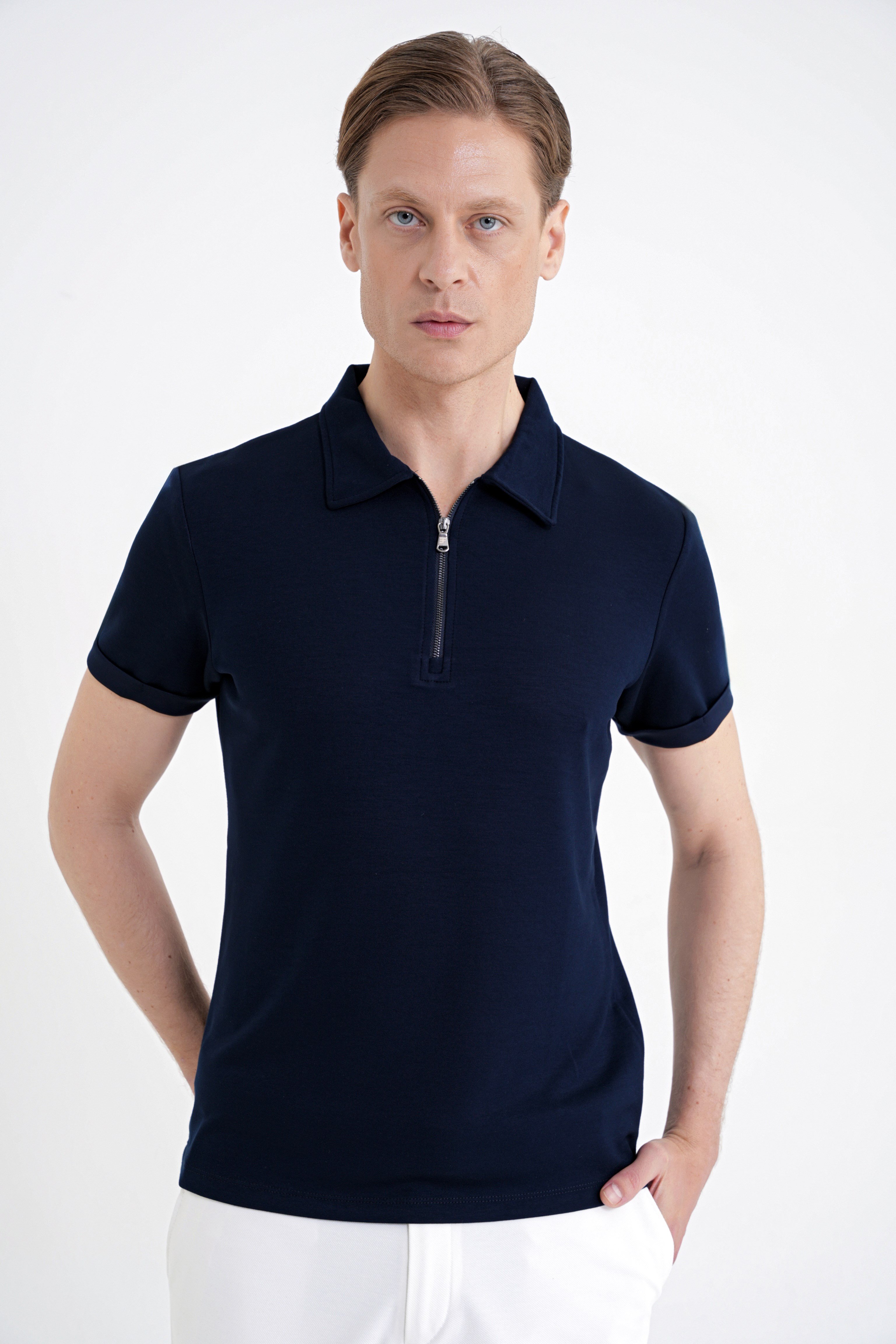 Slim Fit Esnek Pamuklu Fermuarlı Polo Yaka Lacivert Tişört TS 926