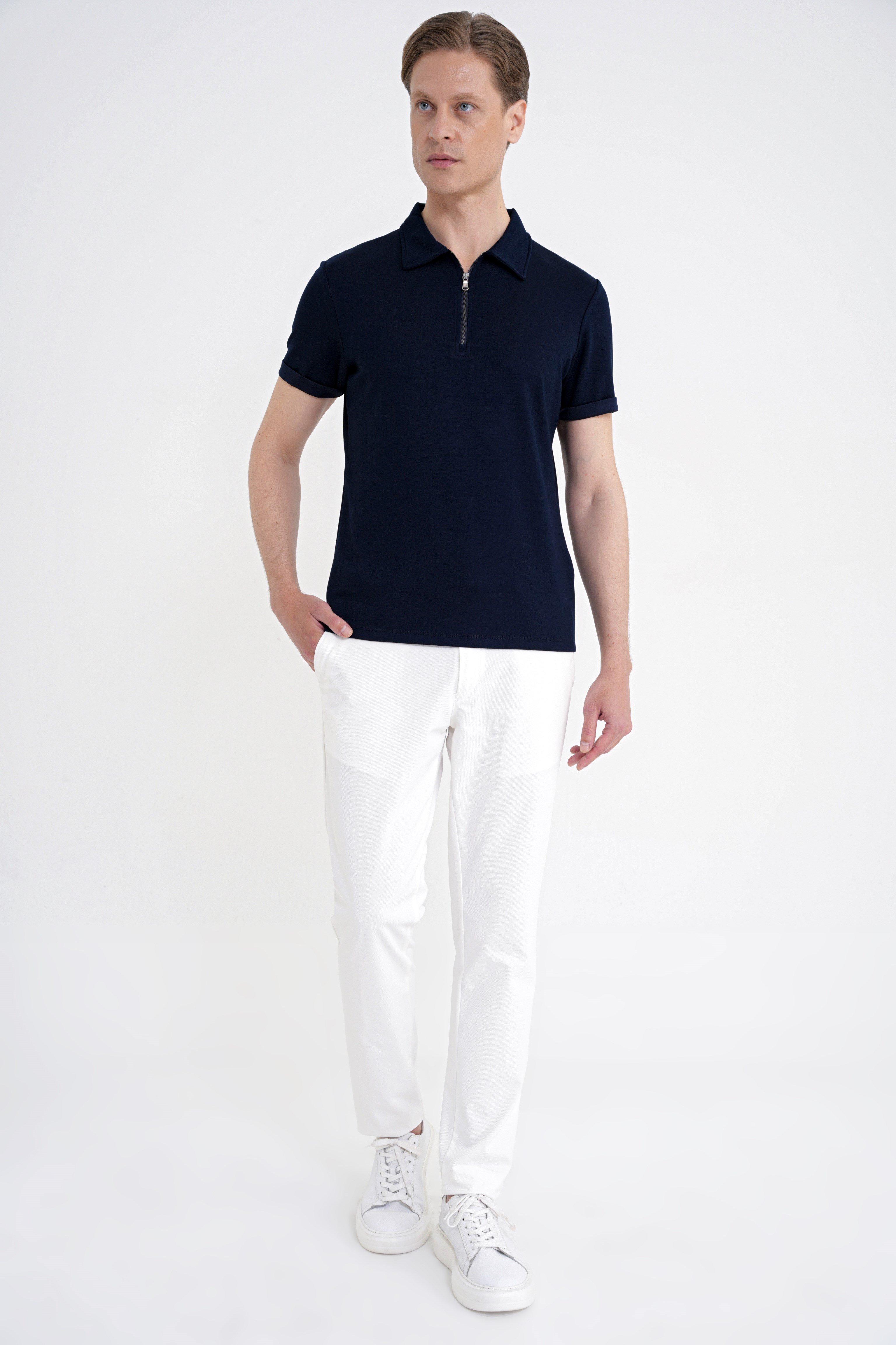 Slim Fit Esnek Pamuklu Fermuarlı Polo Yaka Lacivert Tişört TS 926