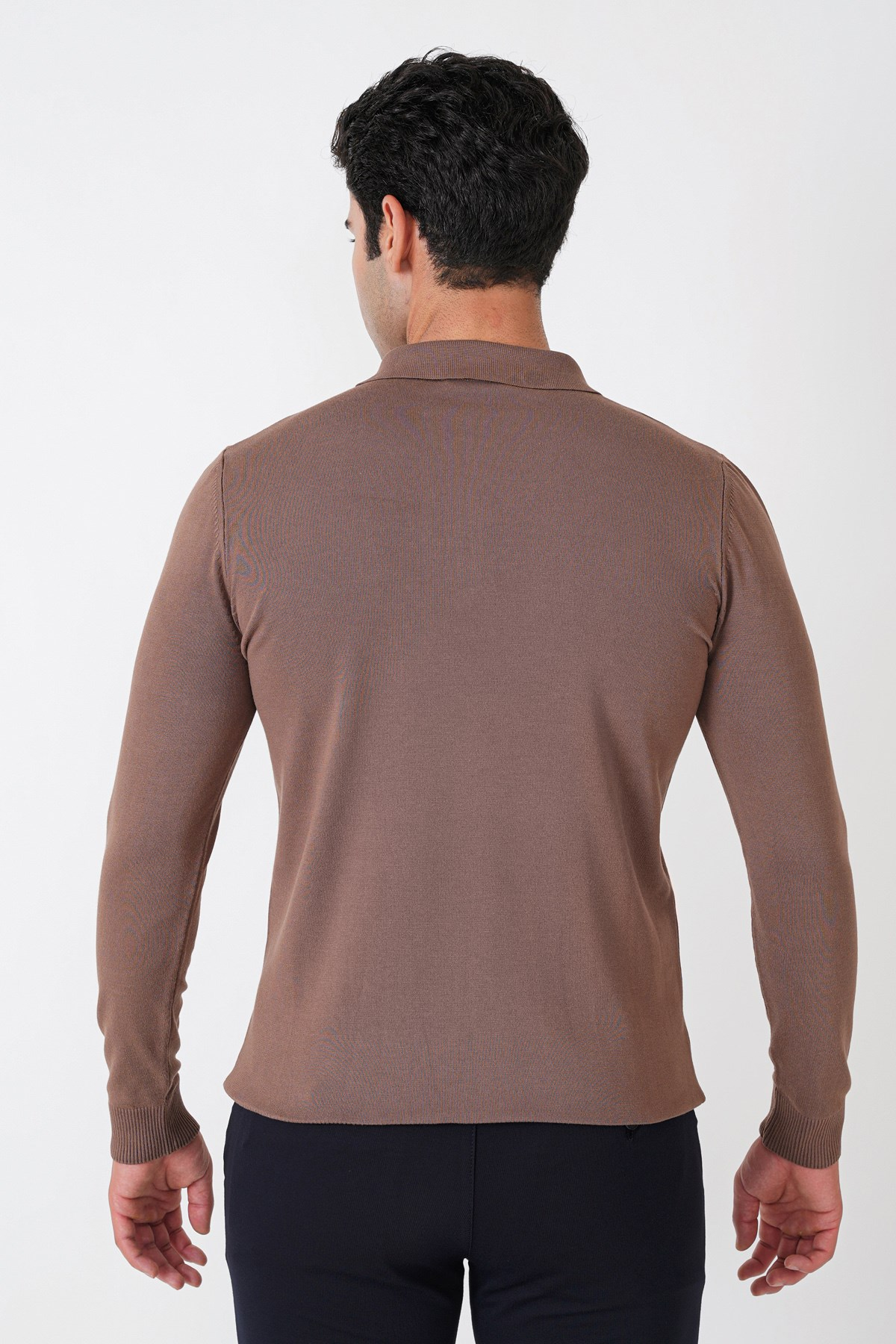 Slim Fit Esnek Pamuklu Fermuarlı Polo Yaka Açık Kahve Triko TR 902