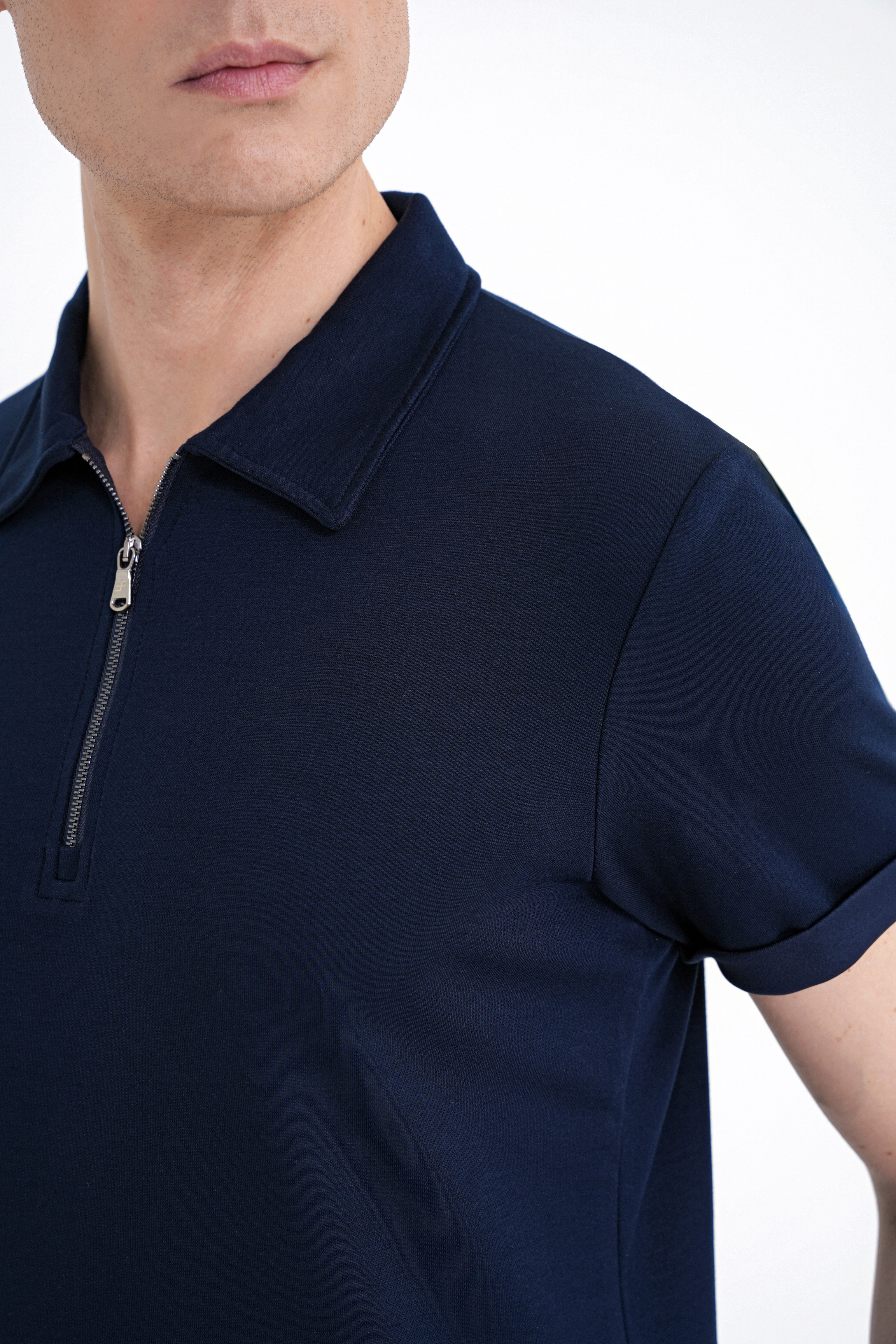 Slim Fit Esnek Pamuklu Fermuarlı Polo Yaka Lacivert Tişört TS 926