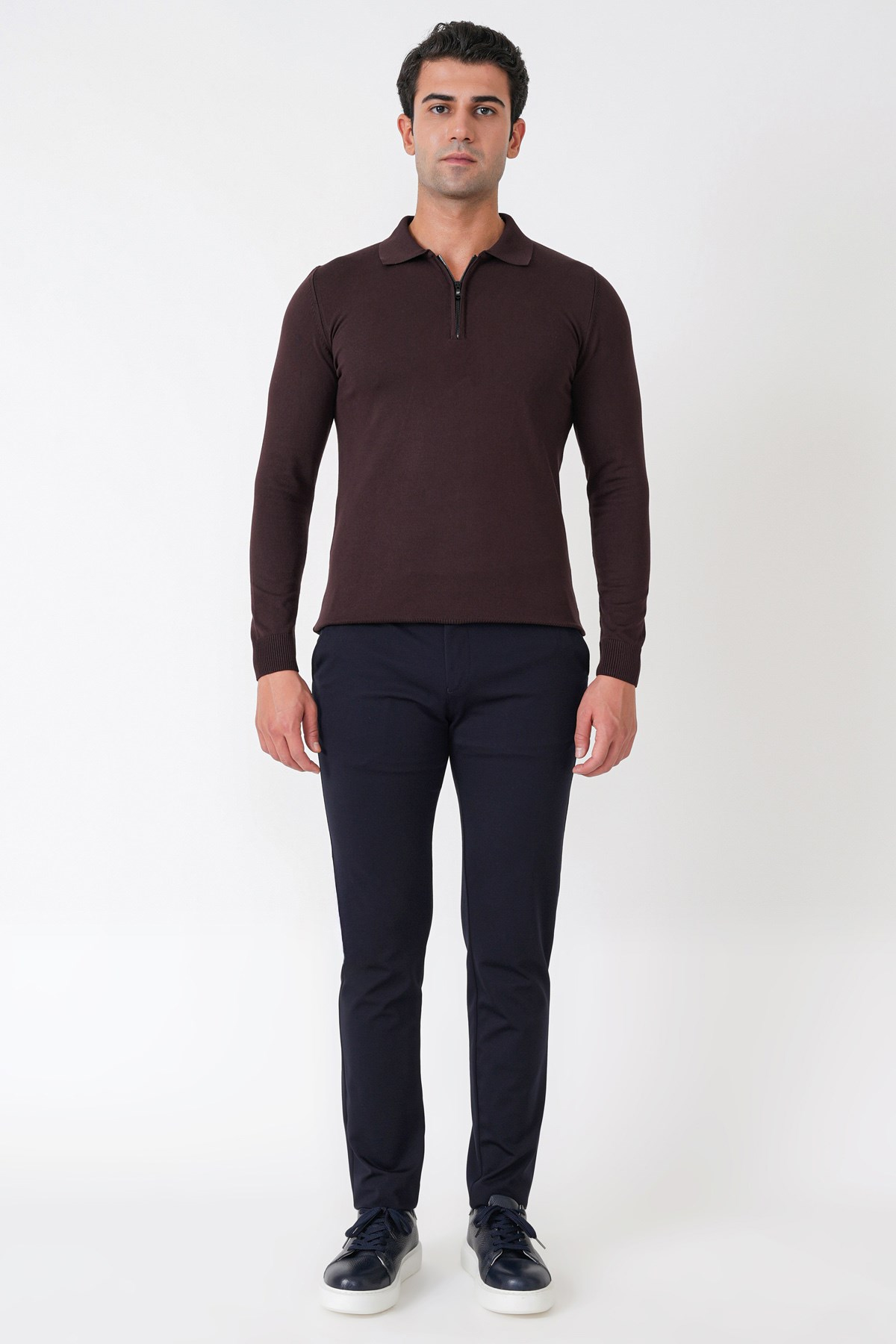 Slim Fit Esnek Pamuklu Fermuarlı Polo Yaka Kahverengi Triko TR 902