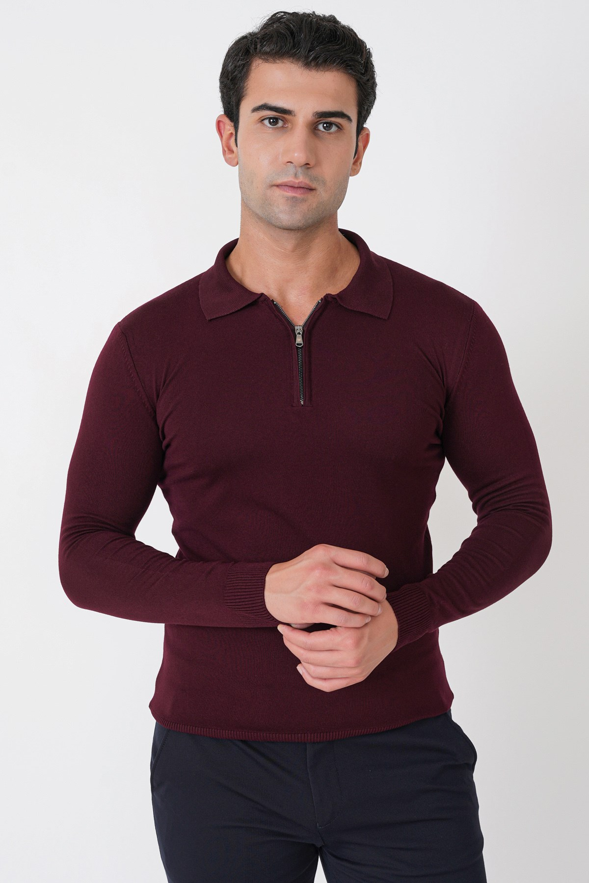 Slim Fit Esnek Pamuklu Fermuarlı Polo Yaka Bordo Triko TR 902
