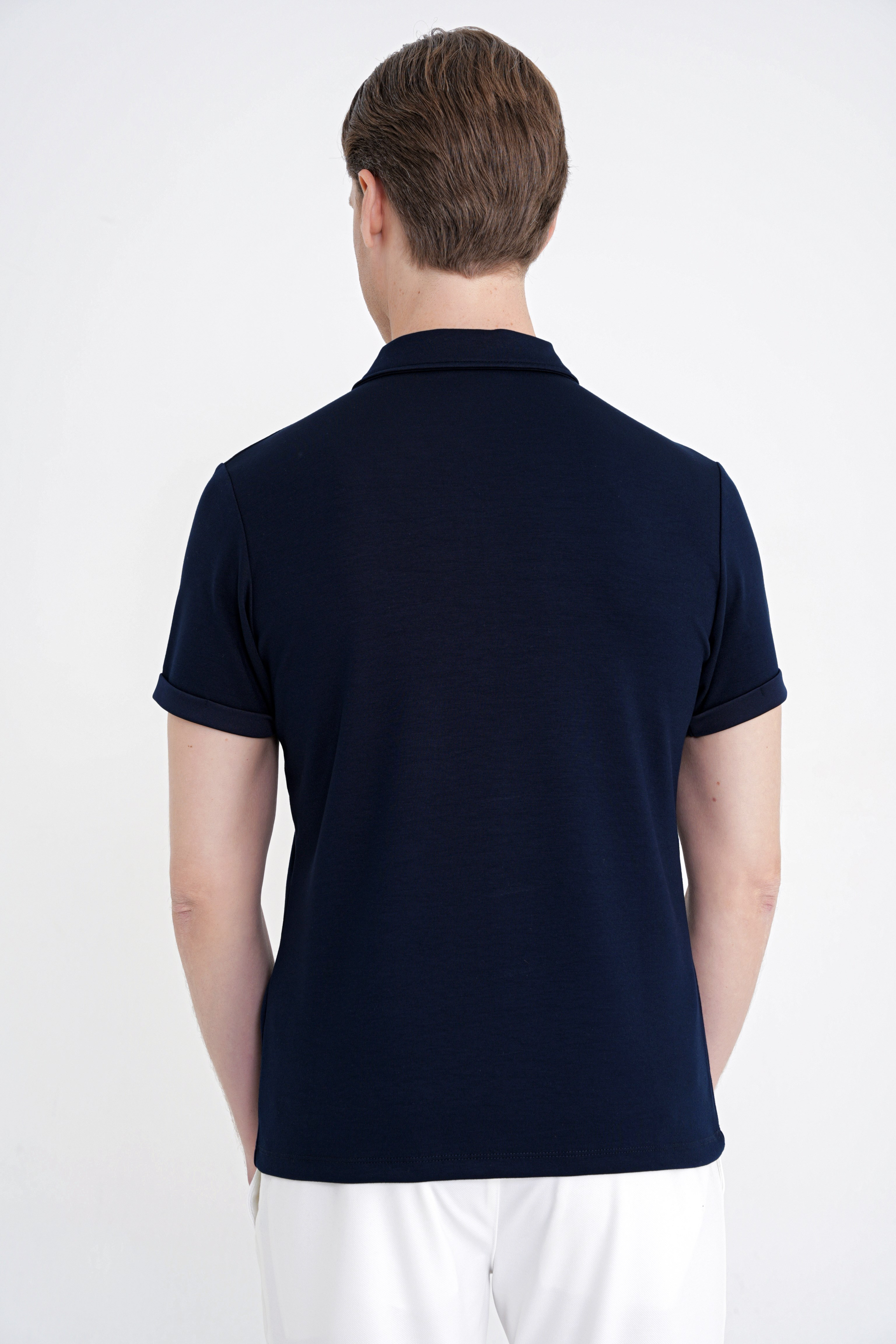 Slim Fit Esnek Pamuklu Fermuarlı Polo Yaka Lacivert Tişört TS 926