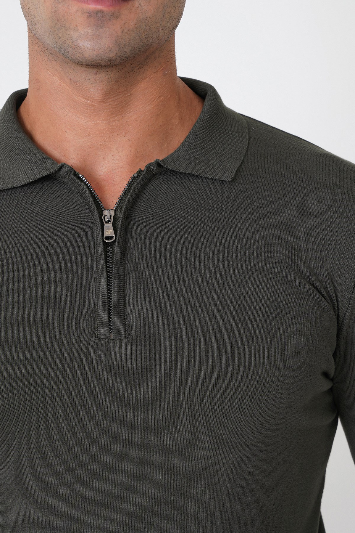 Slim Fit Esnek Pamuklu Fermuarlı Polo Yaka Haki Triko TR 902