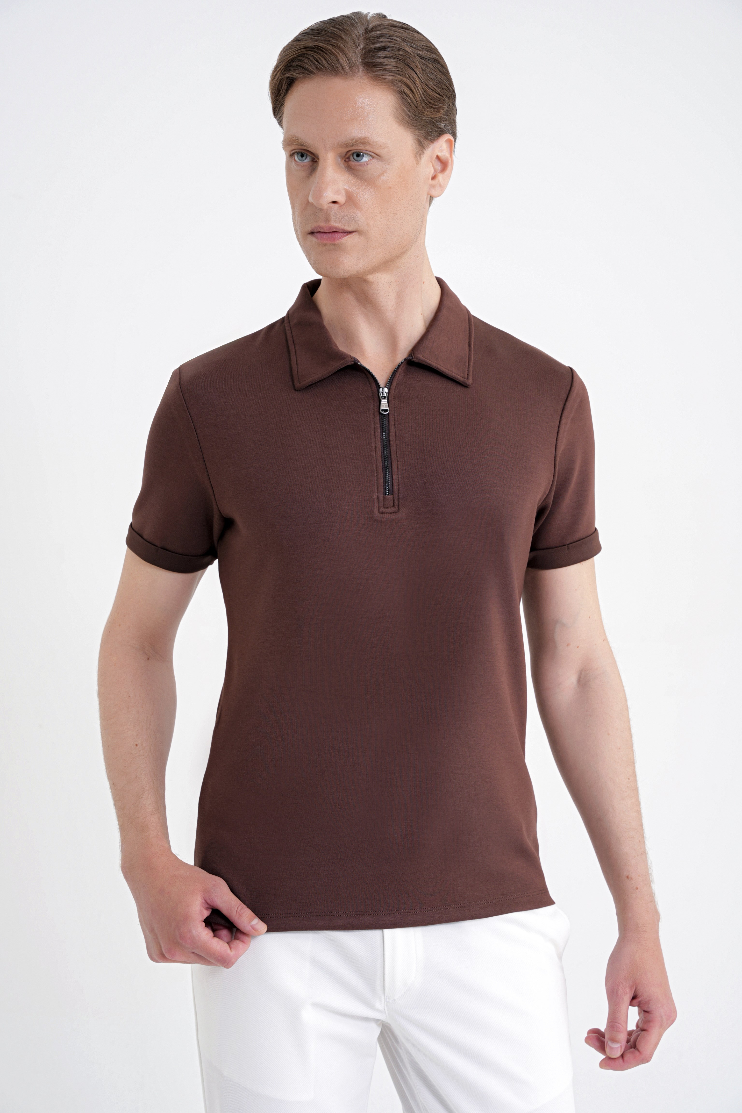 Slim Fit Esnek Pamuklu Fermuarlı Polo Yaka Kahverengi Tişört TS 926