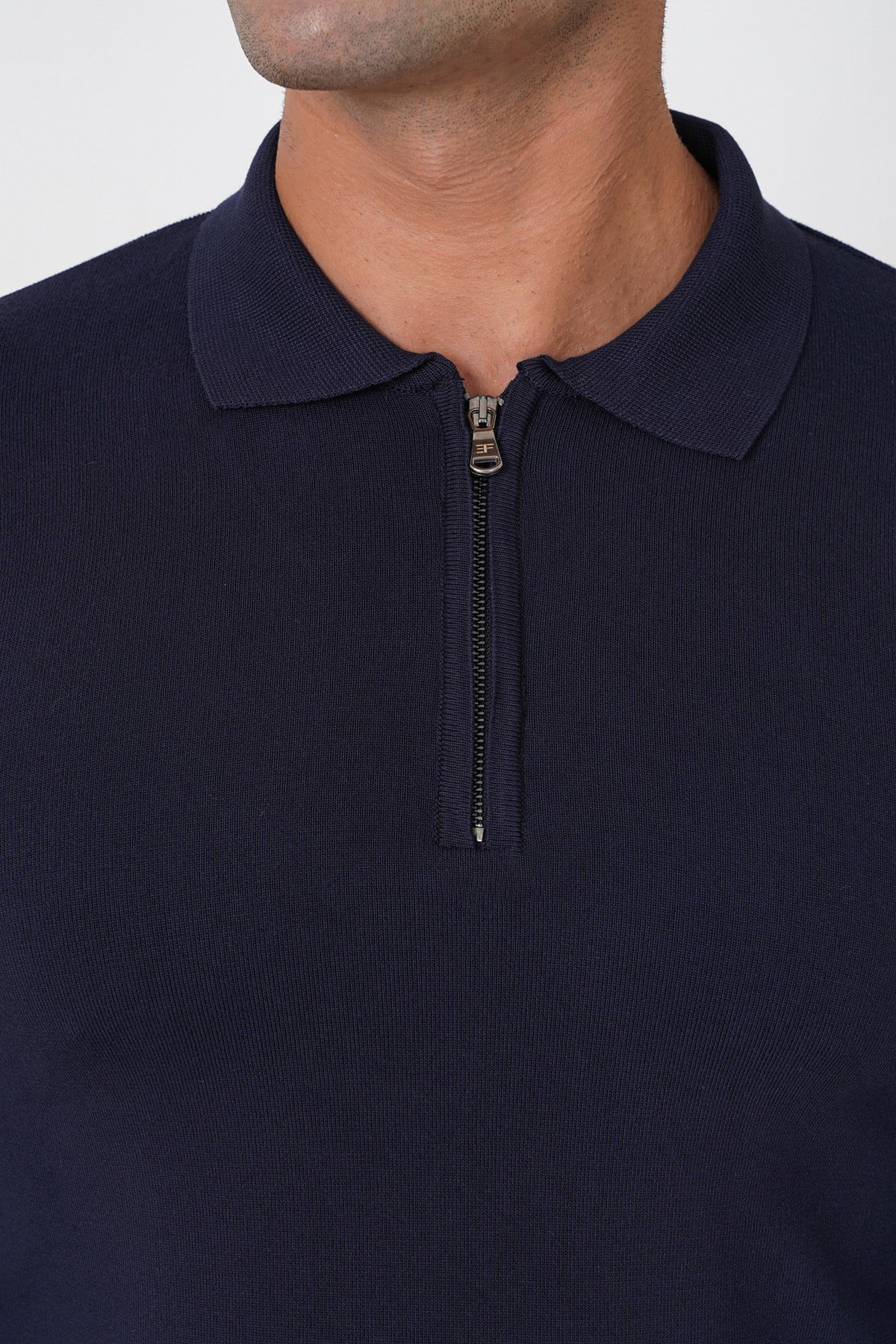 Slim Fit Esnek Pamuklu Fermuarlı Polo Yaka Lacivert Triko TR 902