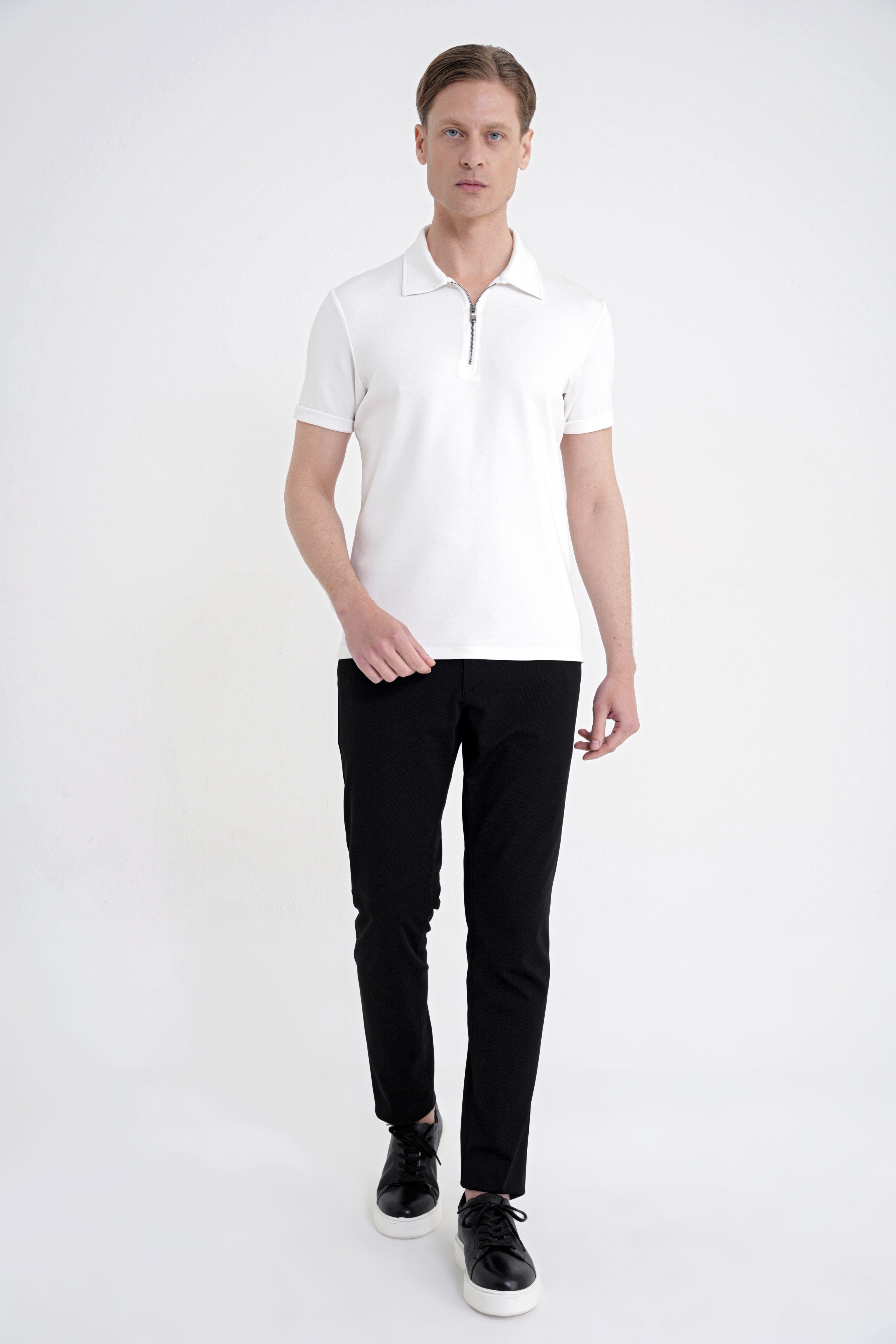 Slim Fit Esnek Pamuklu Fermuarlı Polo Yaka Ekru Tişört TS 926
