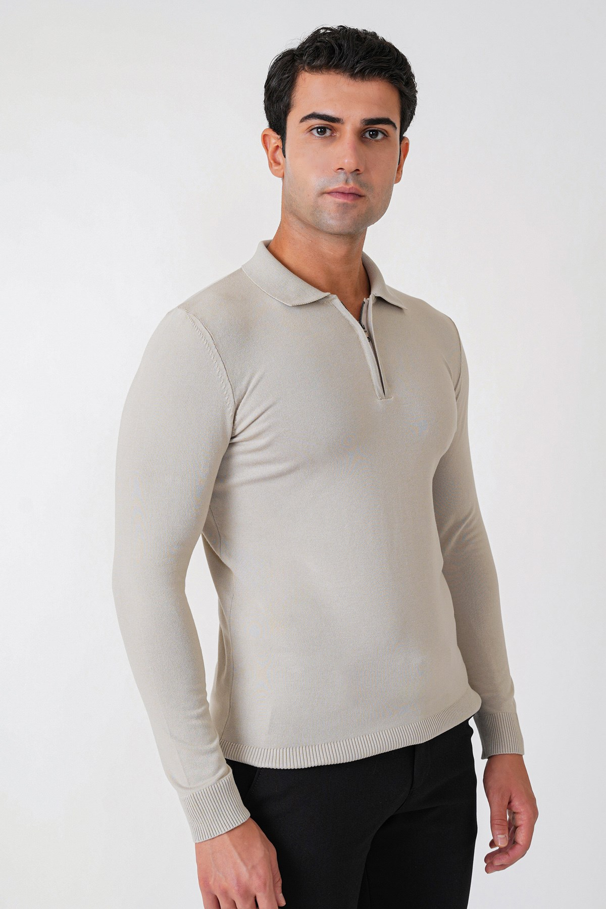 Slim Fit Esnek Pamuklu Fermuarlı Polo Yaka Taş Triko TR 902