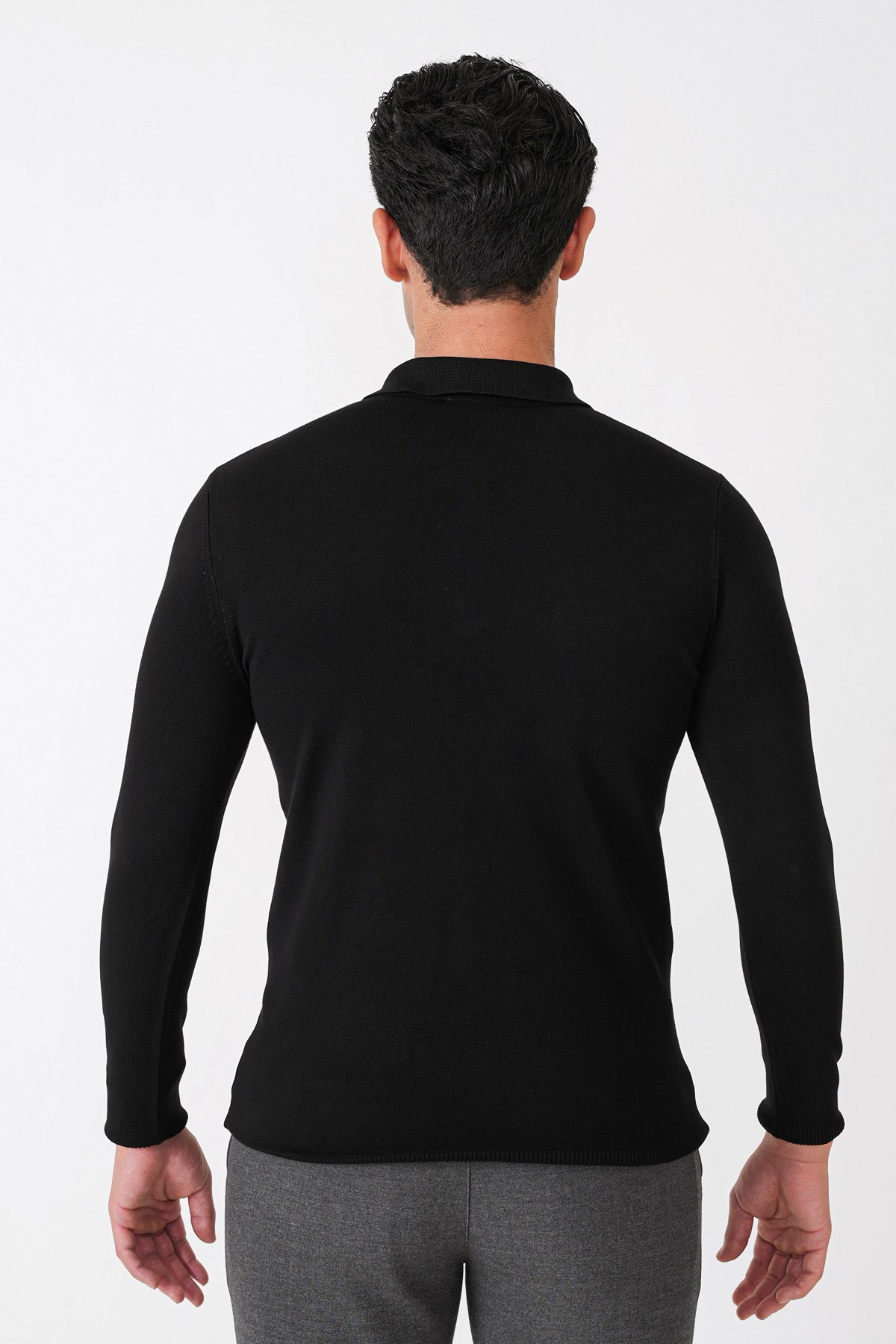 Slim Fit Esnek Pamuklu Fermuarlı Polo Yaka Siyah Triko TR 902