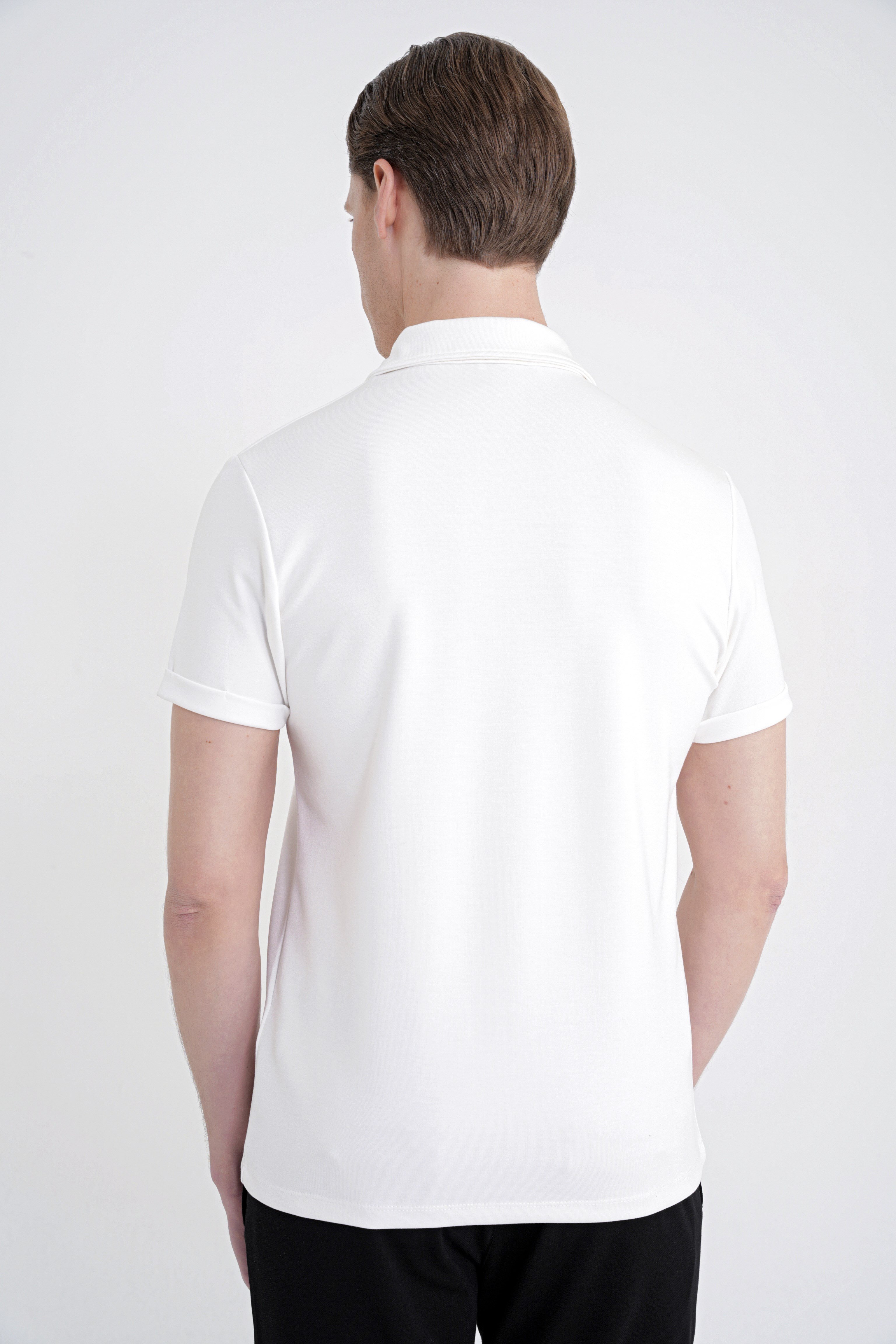 Slim Fit Esnek Pamuklu Fermuarlı Polo Yaka Ekru Tişört TS 926
