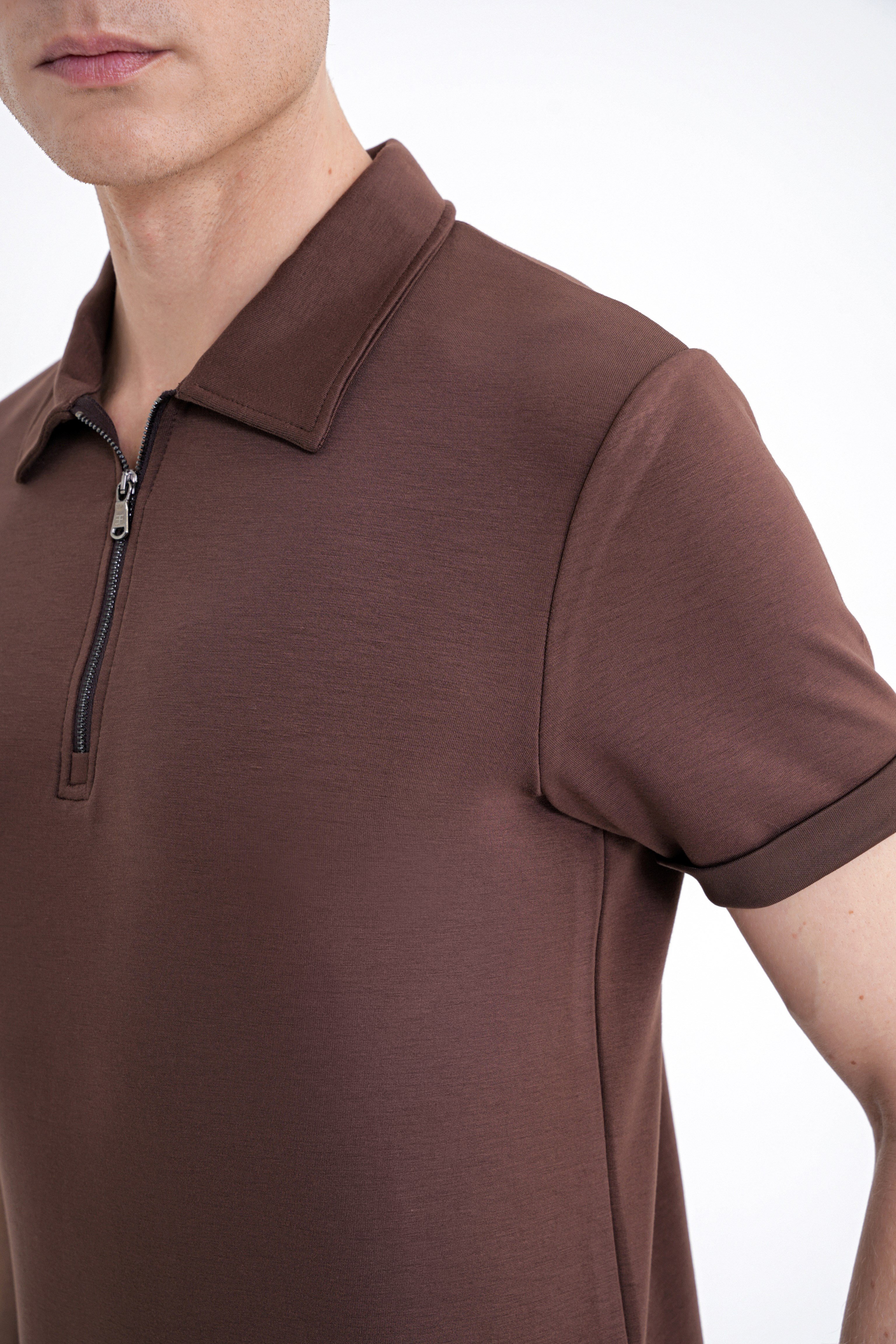 Slim Fit Esnek Pamuklu Fermuarlı Polo Yaka Kahverengi Tişört TS 926