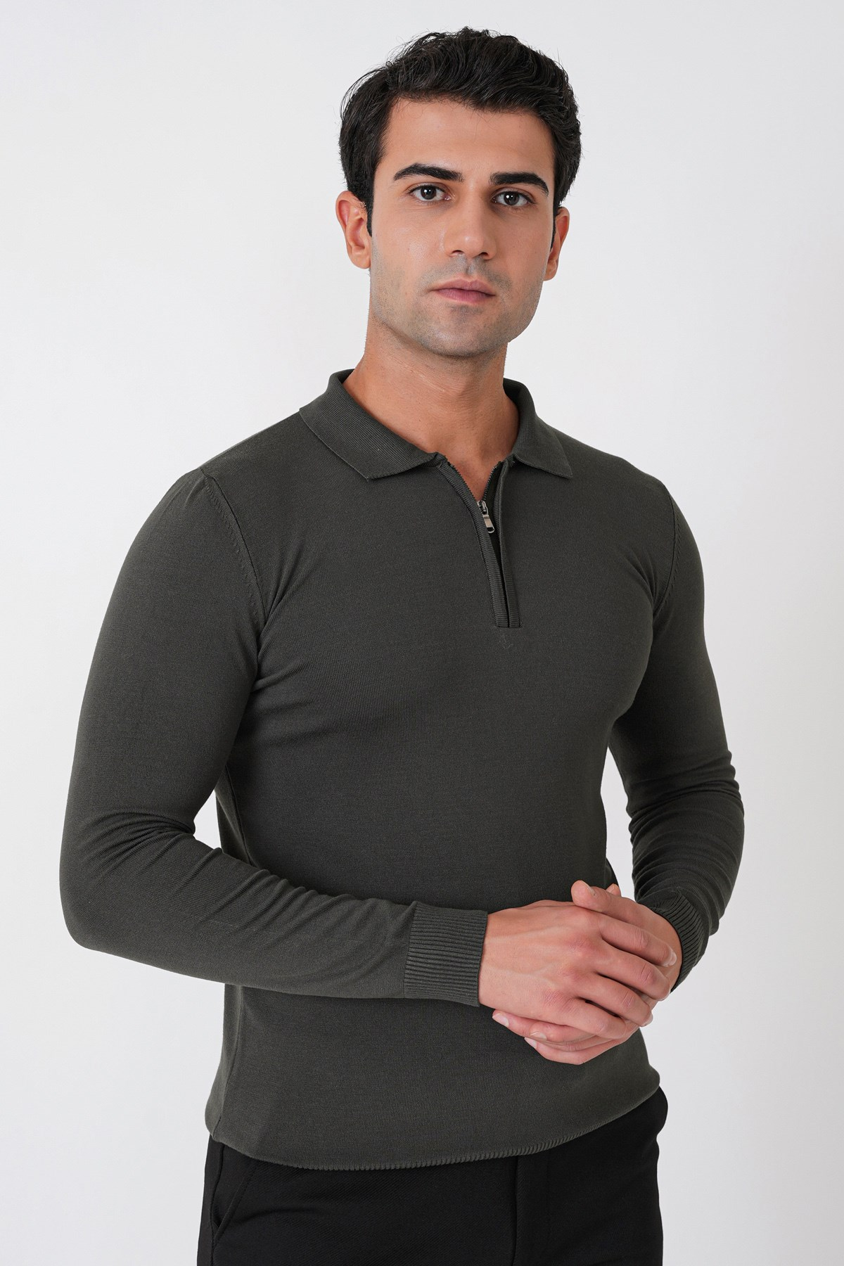 Slim Fit Esnek Pamuklu Fermuarlı Polo Yaka Haki Triko TR 902