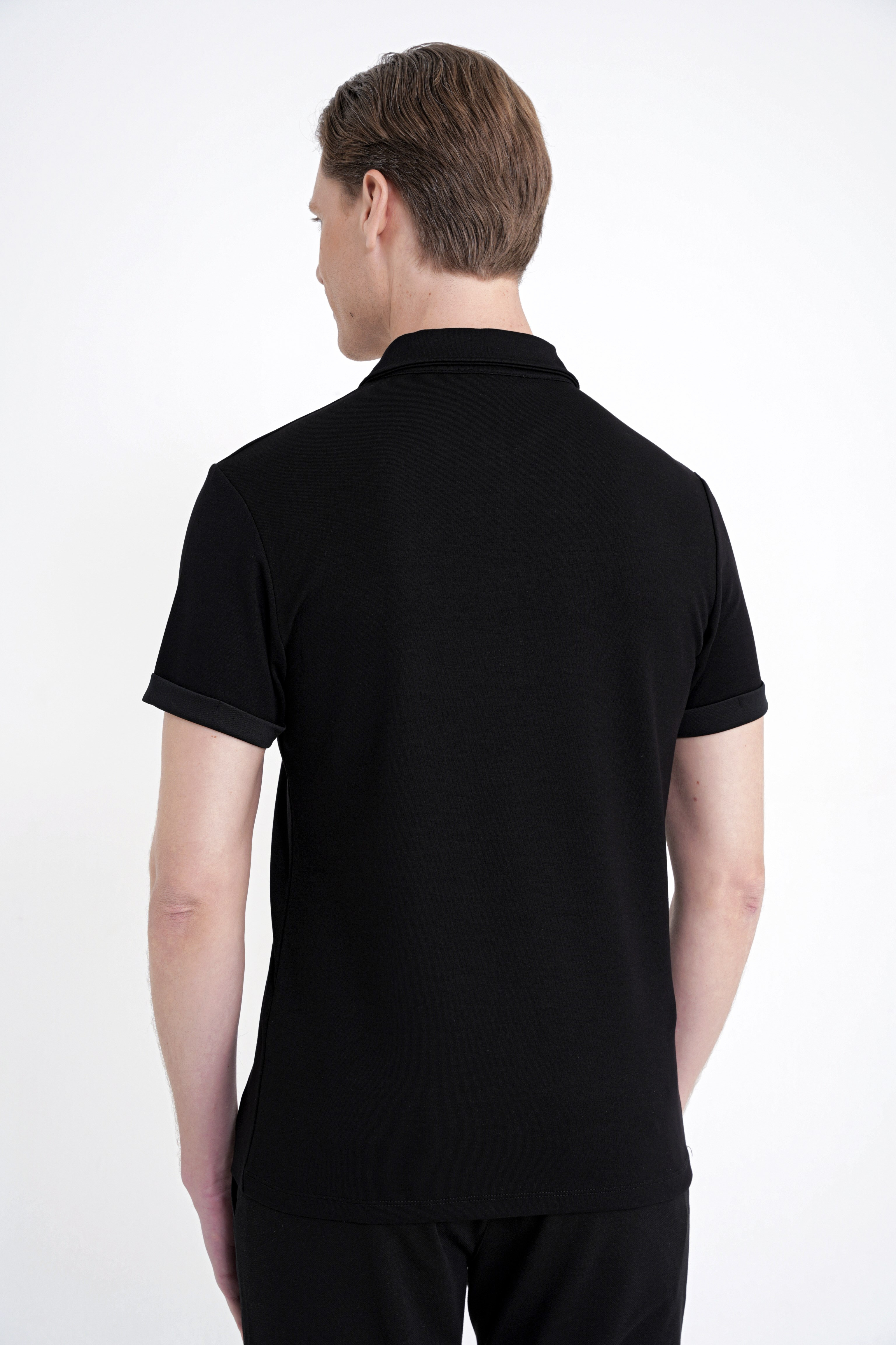 Slim Fit Esnek Pamuklu Fermuarlı Polo Yaka Siyah Tişört TS 926