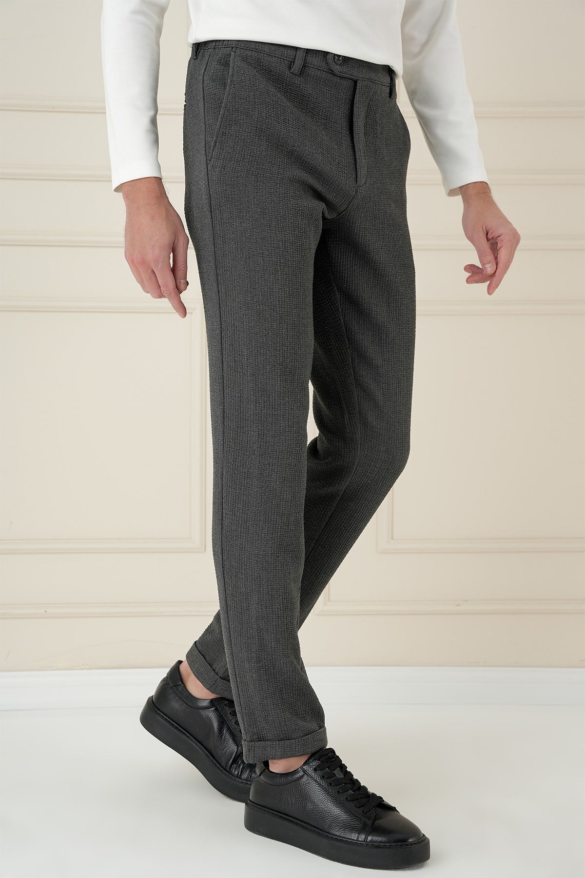 Slim Fit Esnek Pamuklu Gofre Kumaş Füme Pantolon P 1166