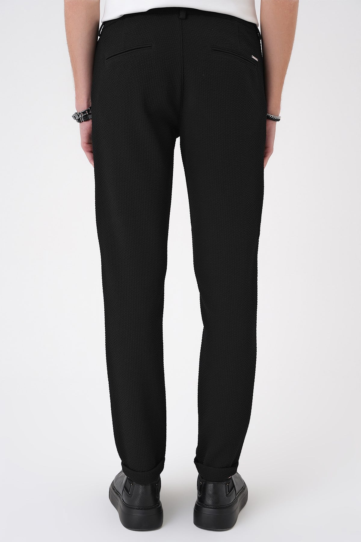 Slim Fit Esnek Pamuklu Gofre Kumaş Nero Siyah Pantolon P 1166