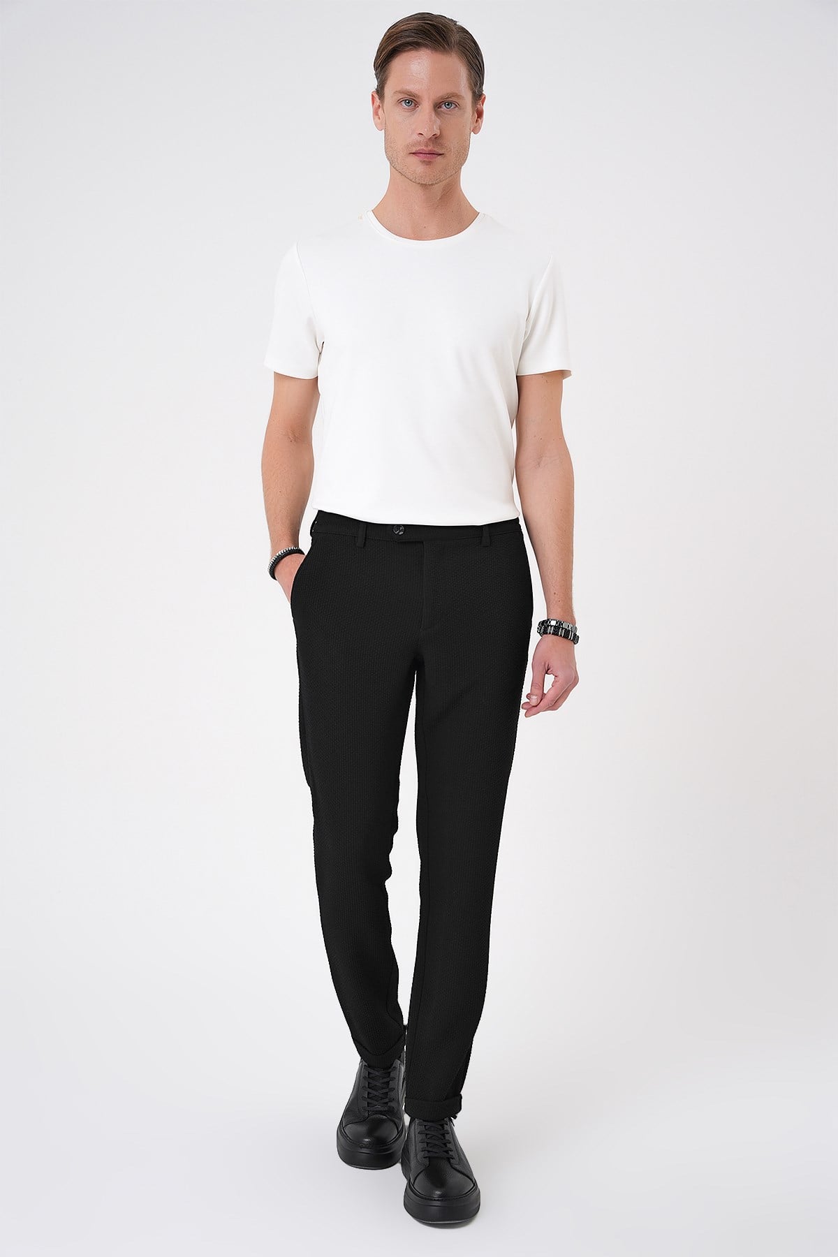Slim Fit Esnek Pamuklu Gofre Kumaş Nero Siyah Pantolon P 1166