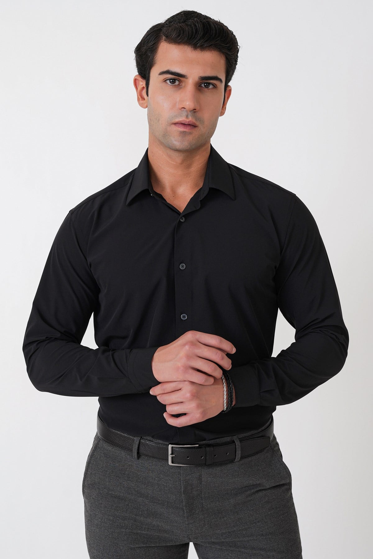 Slim Fit Esnek Pamuklu Siyah Gömlek G 1607