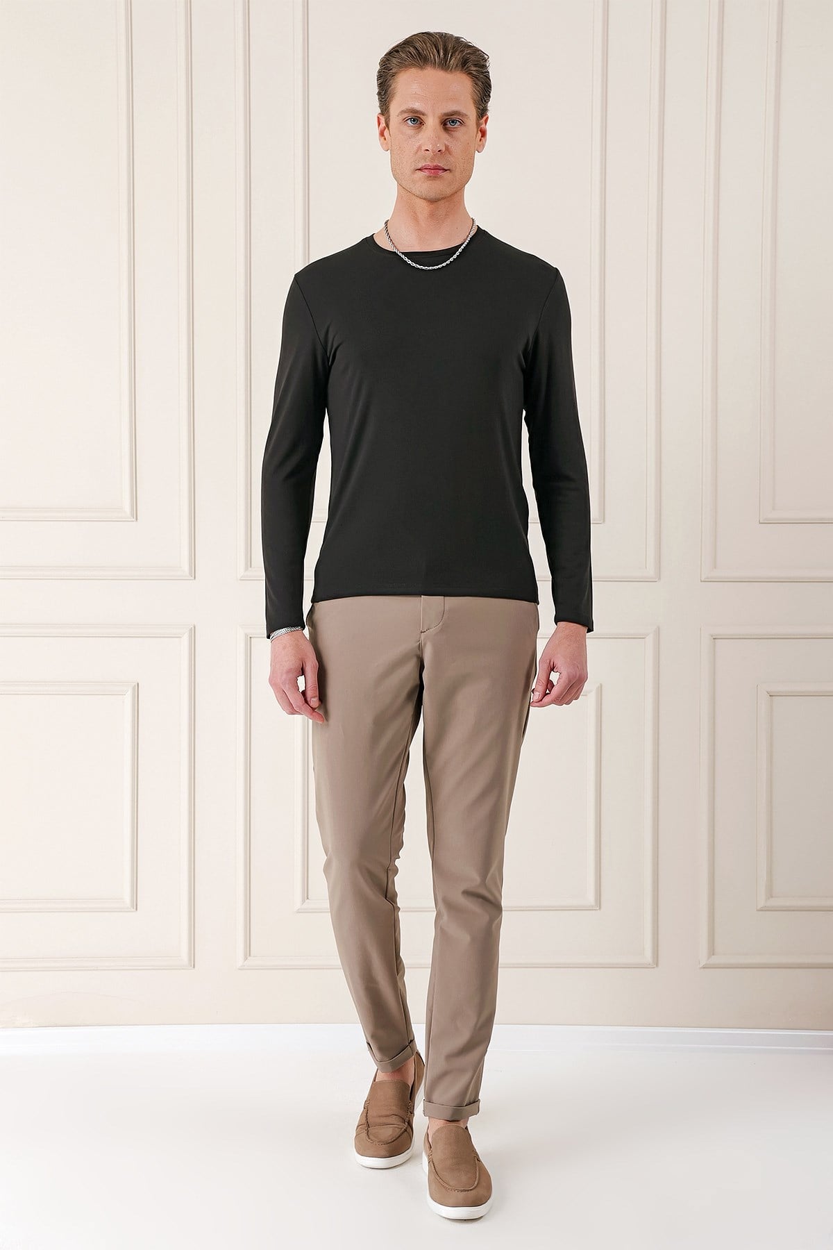 Slim Fit Esnek Pamuklu Uzun Kollu Acı Kahve Tişört Ts 870