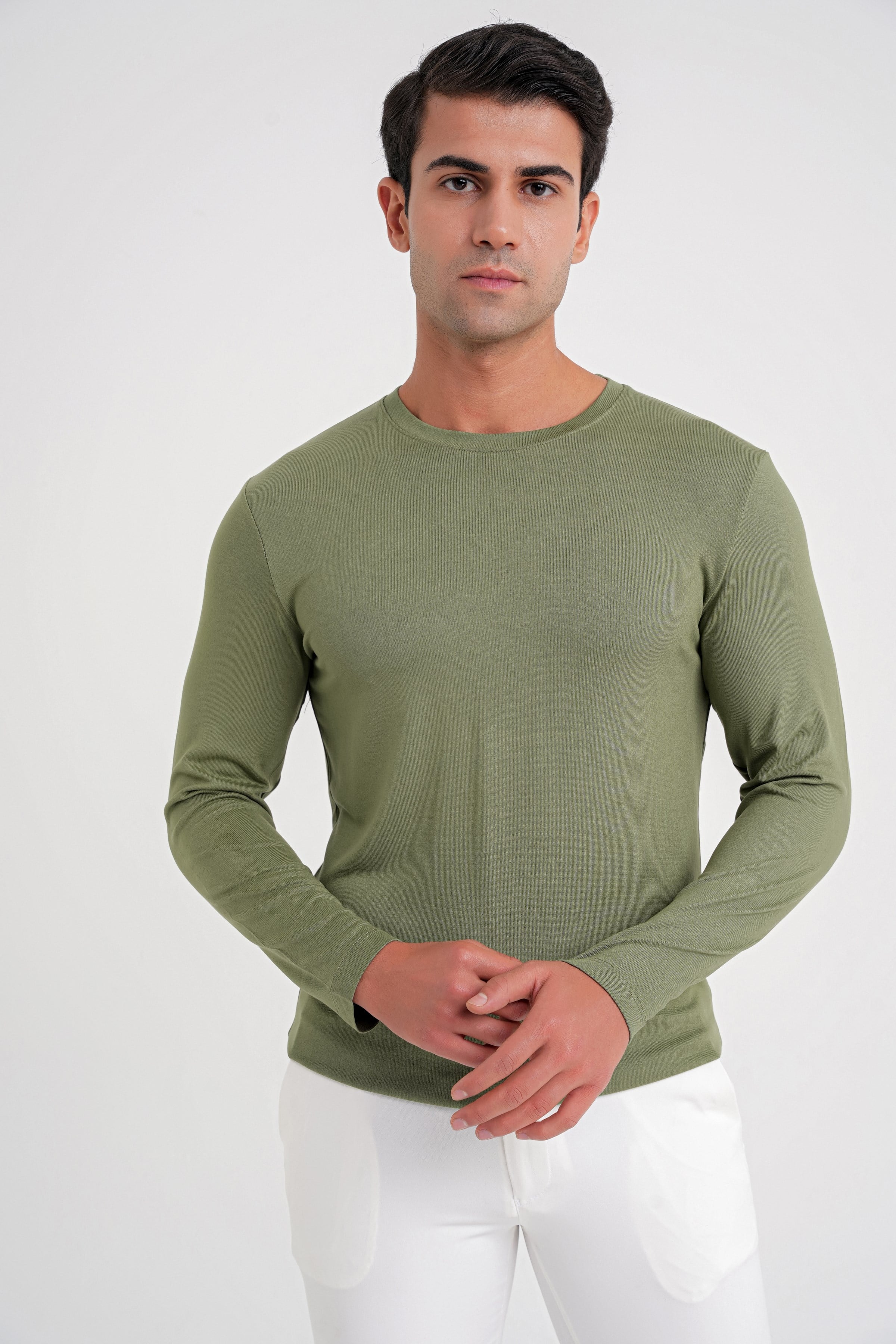 Slim Fit Esnek Pamuklu Uzun Kollu Açık Haki Tişört Ts 870