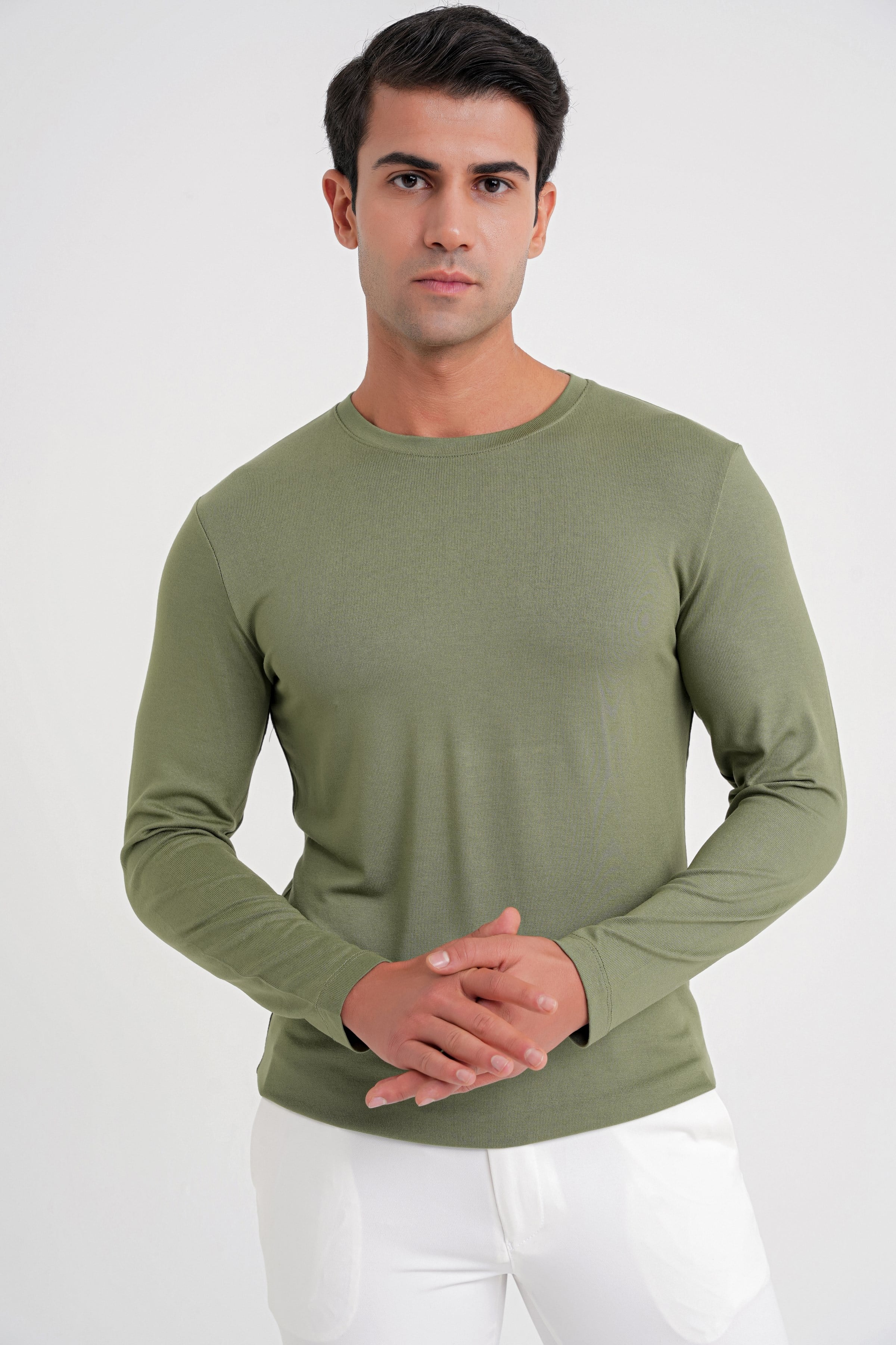 Slim Fit Esnek Pamuklu Uzun Kollu Açık Haki Tişört Ts 870