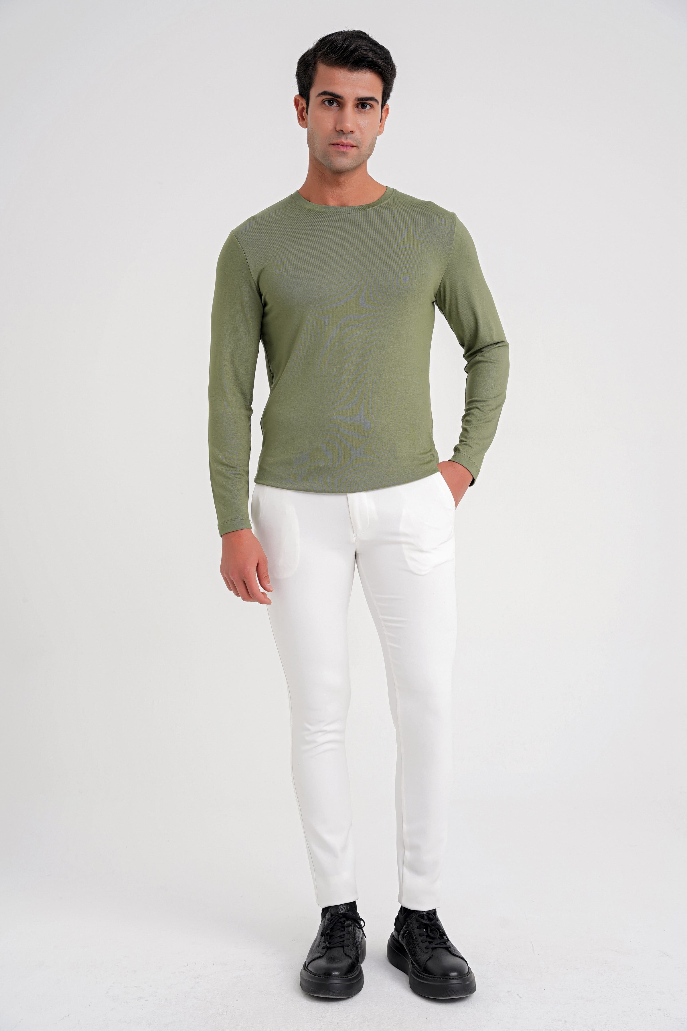 Slim Fit Esnek Pamuklu Uzun Kollu Açık Haki Tişört Ts 870