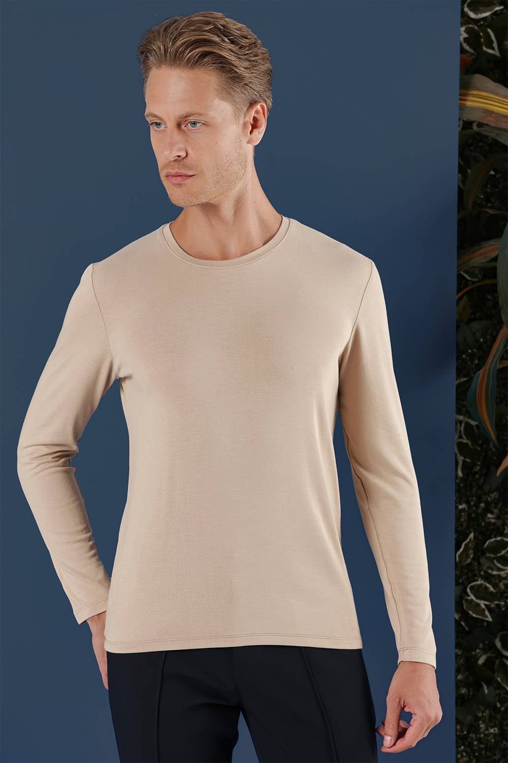 Slim Fit Esnek Pamuklu Uzun Kollu Bej Tişört Ts 870