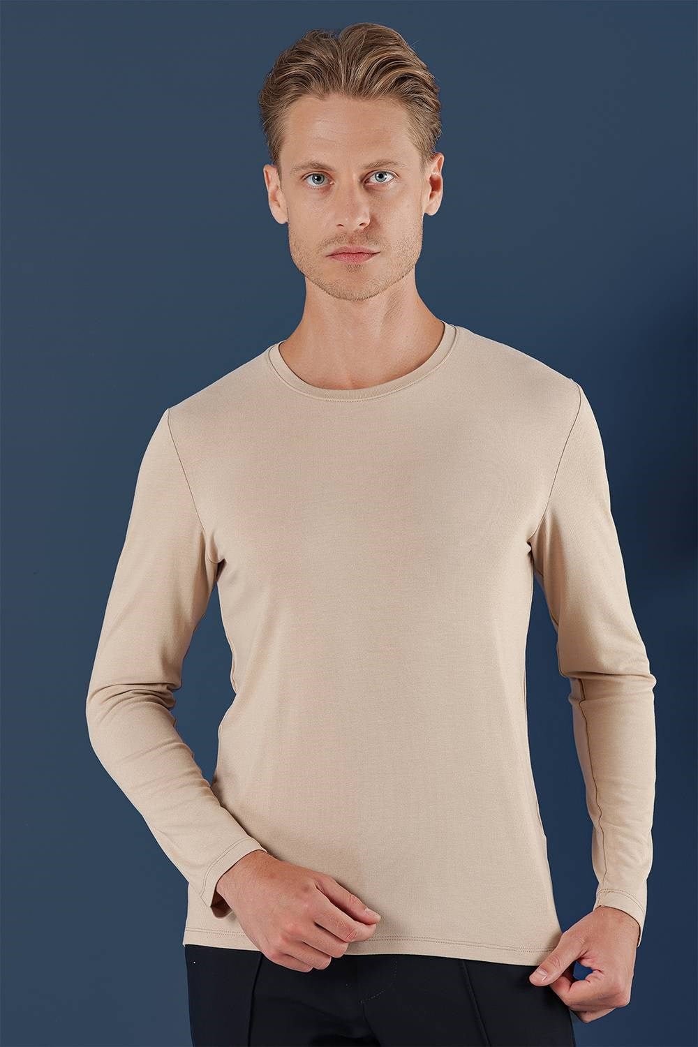 Slim Fit Esnek Pamuklu Uzun Kollu Bej Tişört Ts 870
