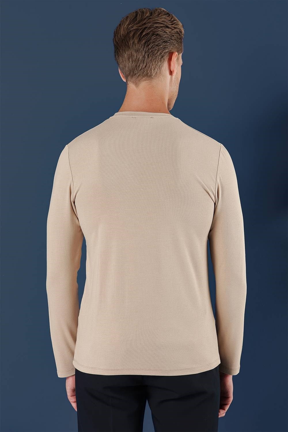 Slim Fit Esnek Pamuklu Uzun Kollu Bej Tişört Ts 870