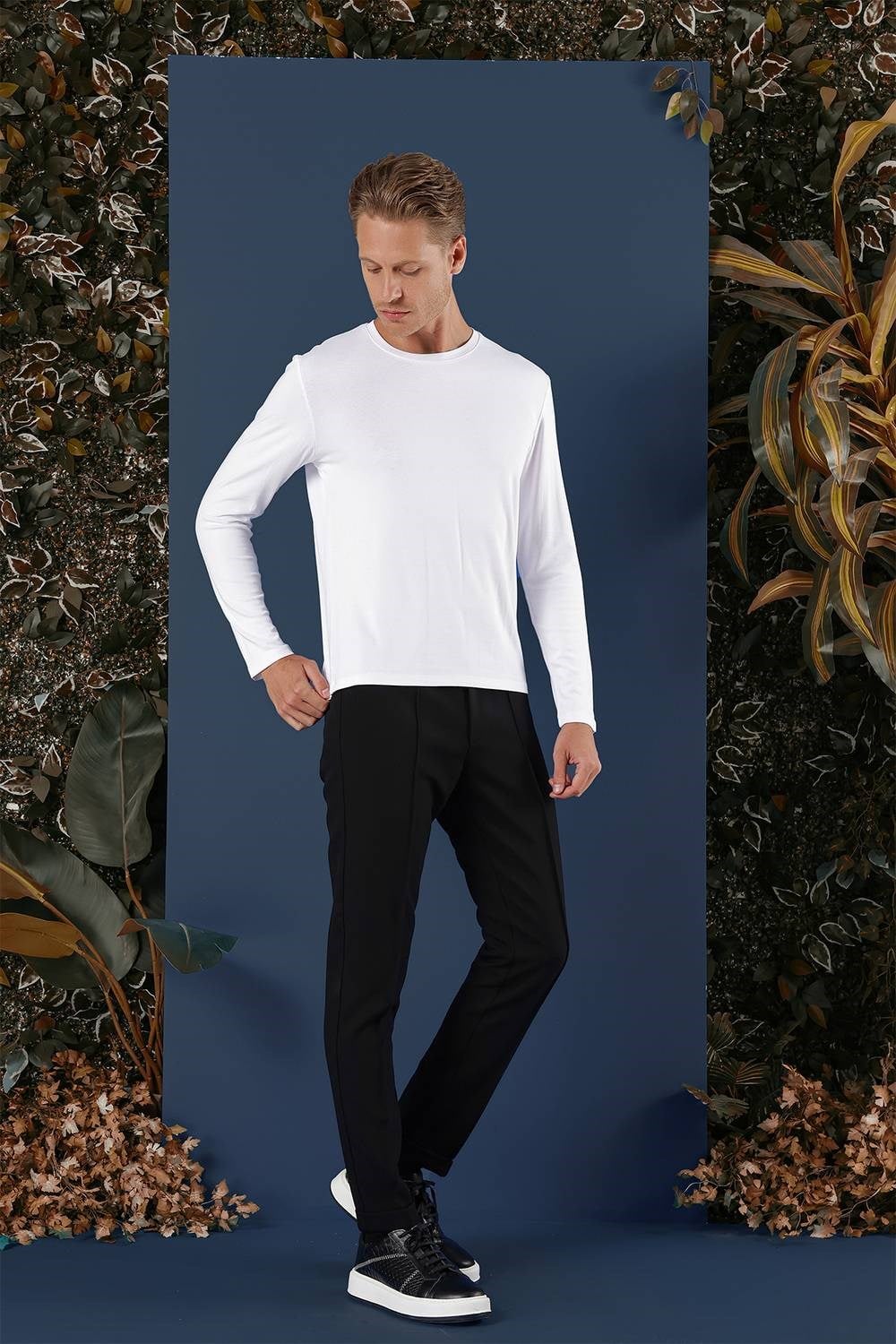 Slim Fit Esnek Pamuklu Uzun Kollu Beyaz Tişört Ts 870