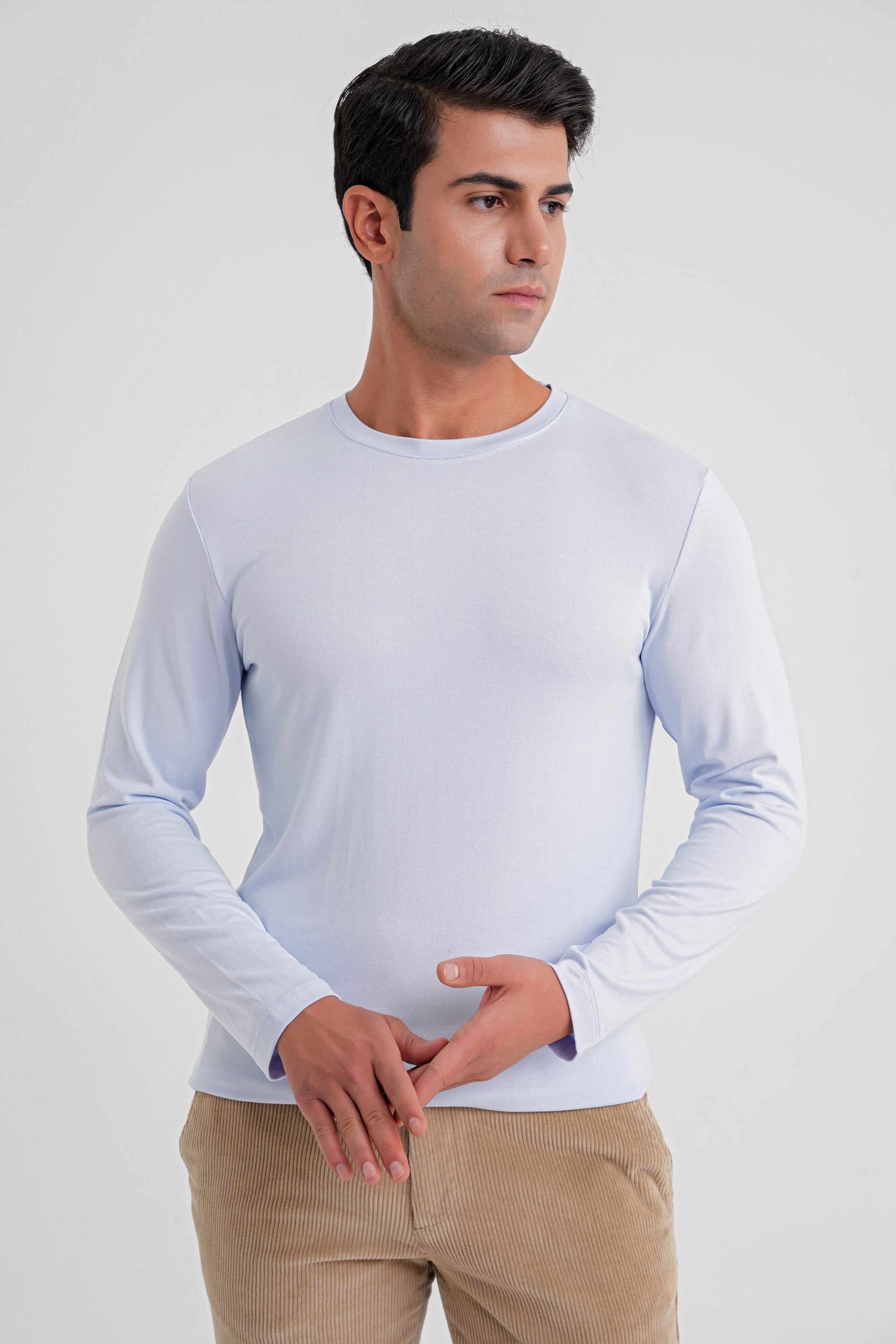 Slim Fit Esnek Pamuklu Uzun Kollu Buz Mavi Tişört Ts 870