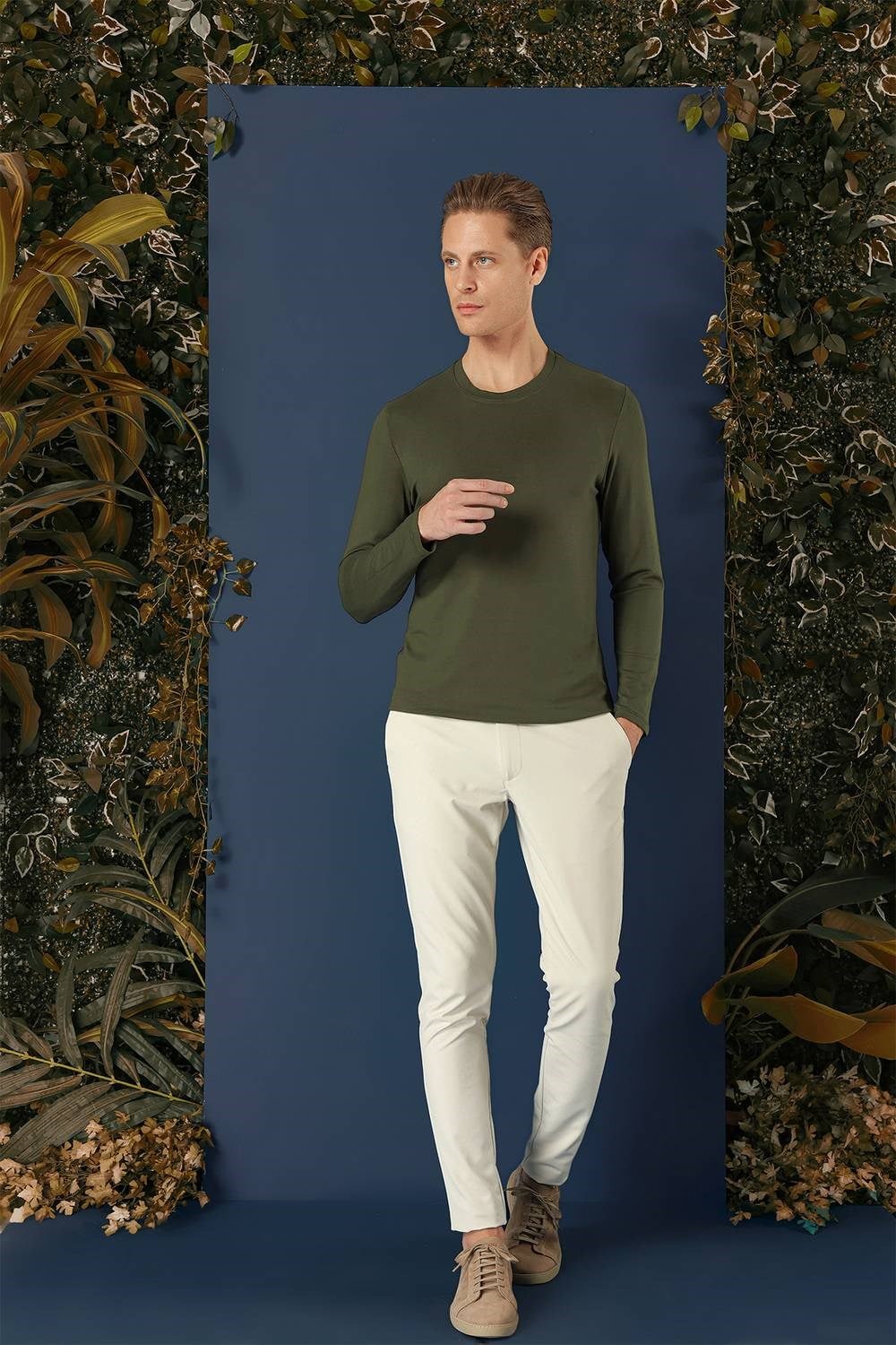 Slim Fit Esnek Pamuklu Uzun Kollu Haki Tişört Ts 870