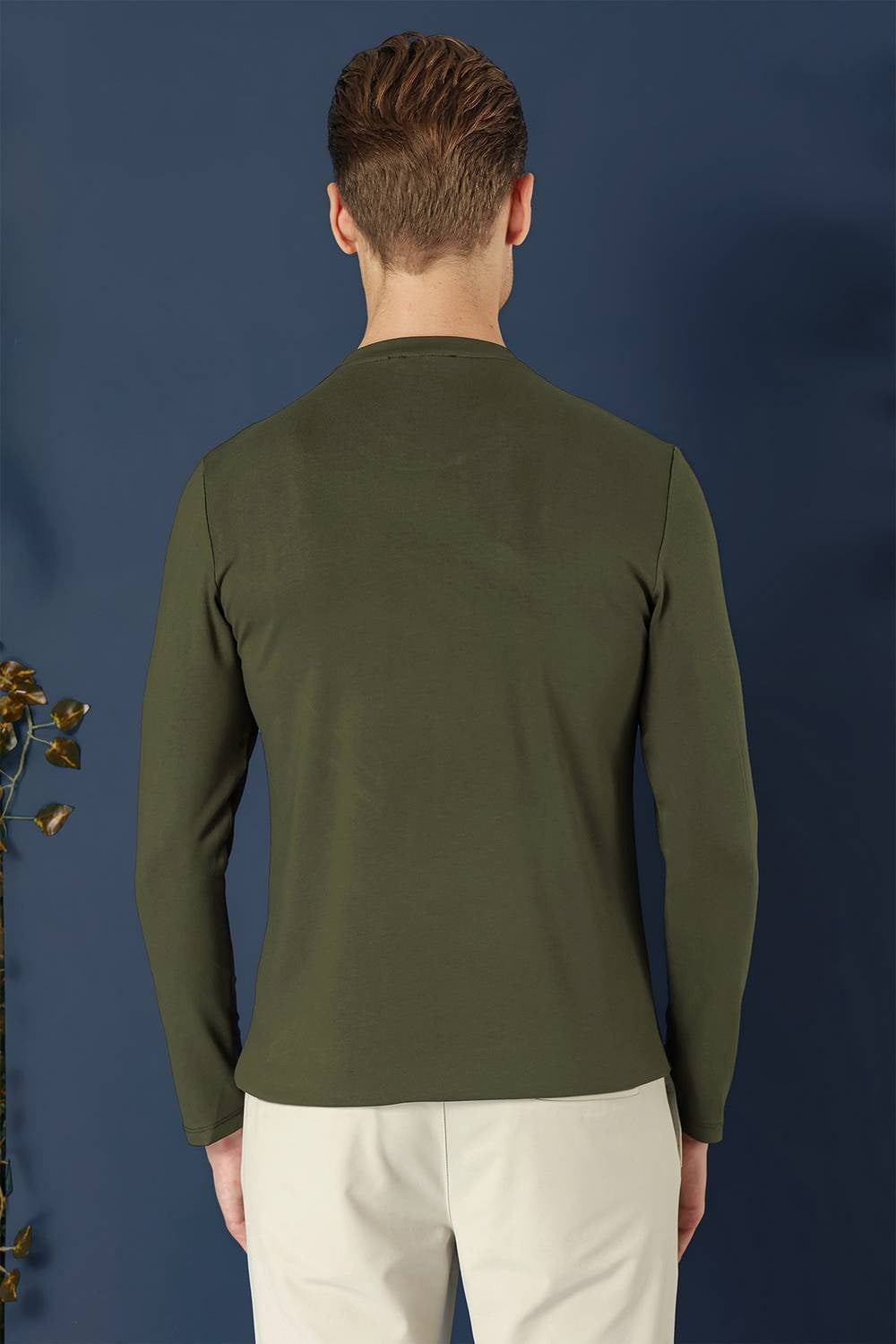 Slim Fit Esnek Pamuklu Uzun Kollu Haki Tişört Ts 870
