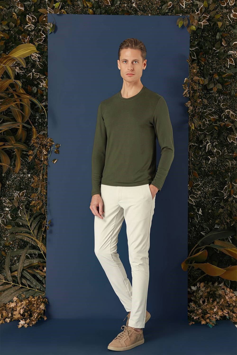 Slim Fit Esnek Pamuklu Uzun Kollu Haki Tişört Ts 870