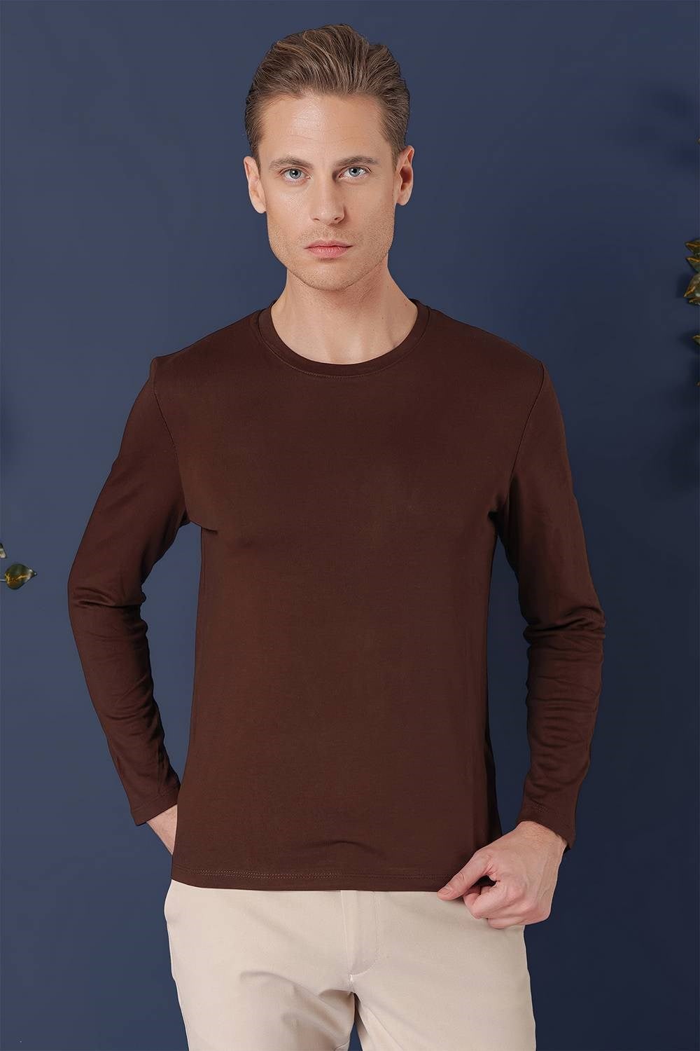 Slim Fit Esnek Pamuklu Uzun Kollu Kahverengi Tişört Ts 870