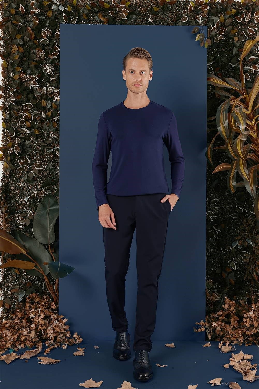 Slim Fit Esnek Pamuklu Uzun Kollu Lacivert Tişört Ts 870