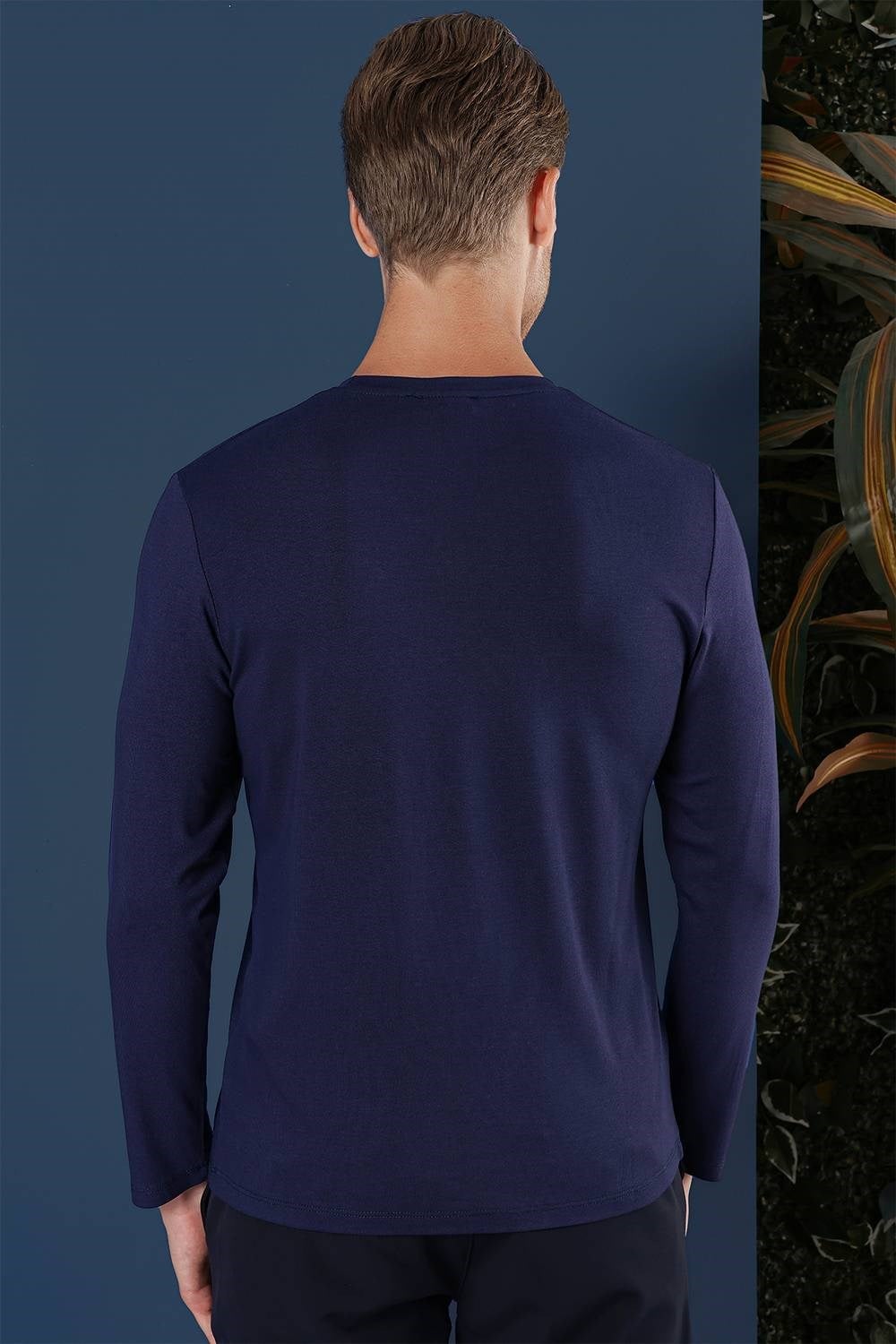 Slim Fit Esnek Pamuklu Uzun Kollu Lacivert Tişört Ts 870