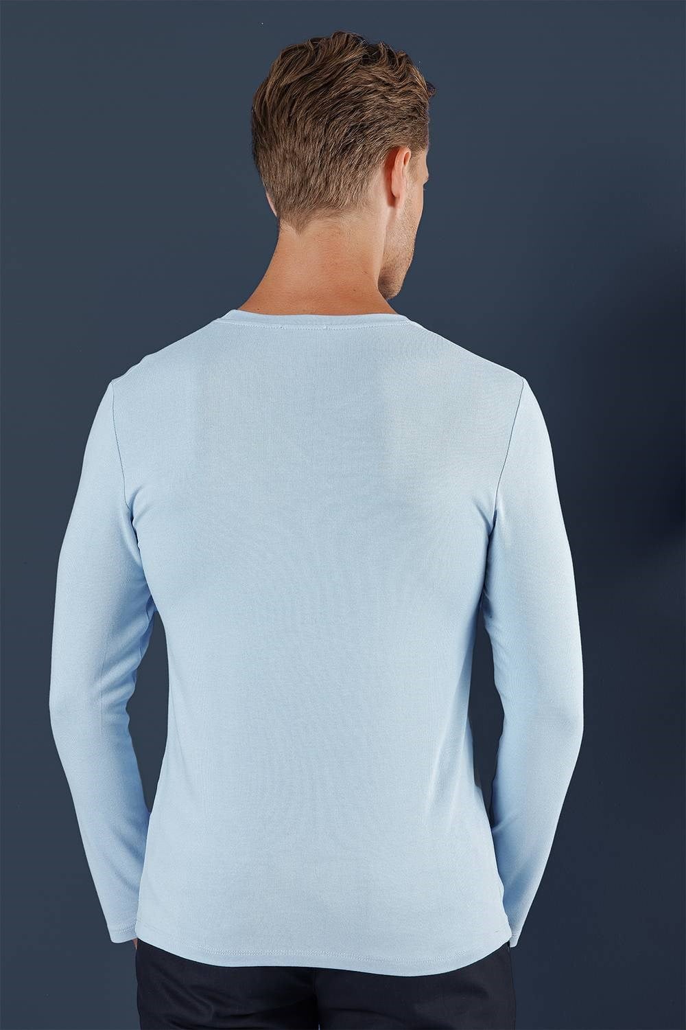 Slim Fit Esnek Pamuklu Uzun Kollu Mavi Tişört Ts 870