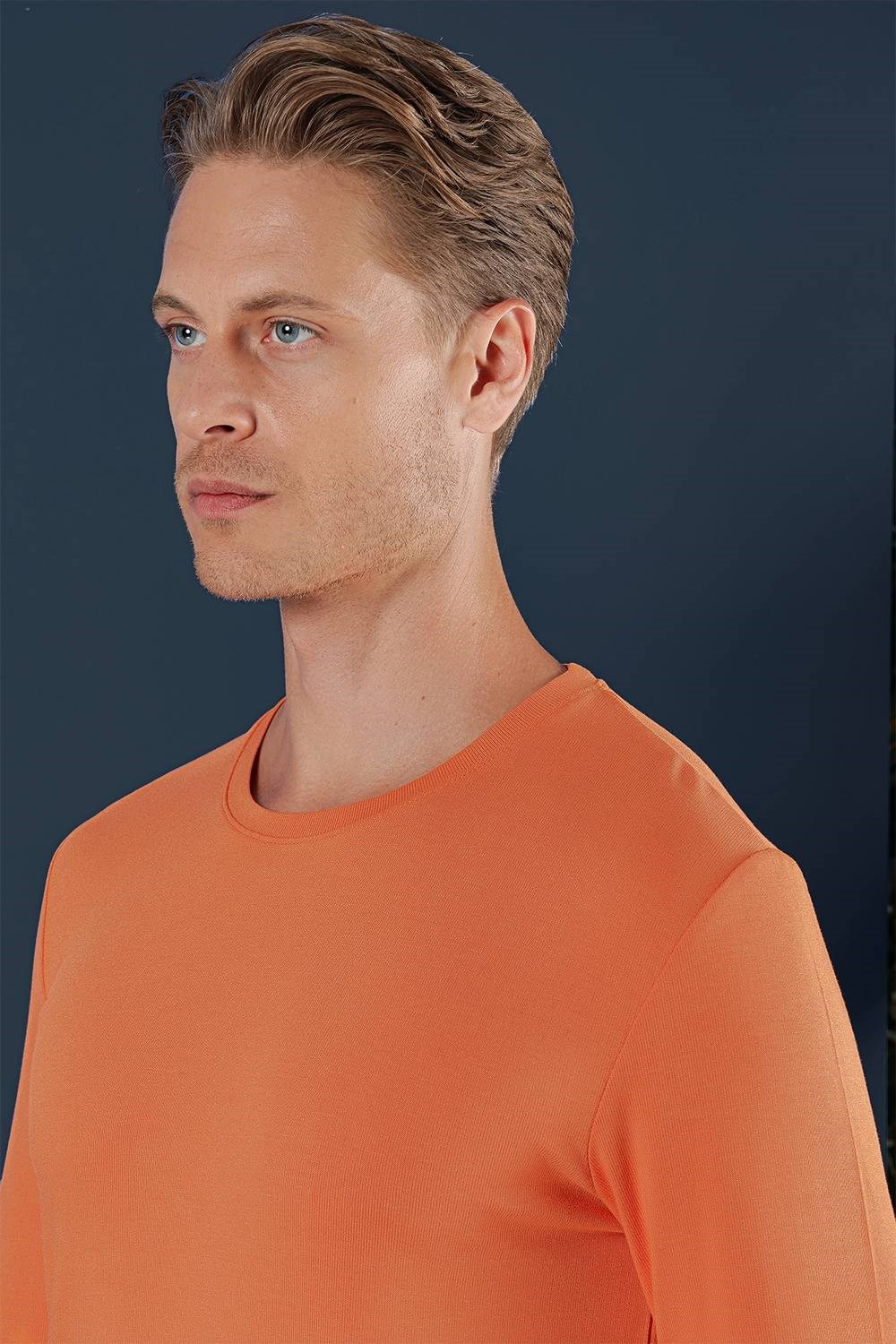 Slim Fit Esnek Pamuklu Uzun Kollu Oranj Tişört Ts 870