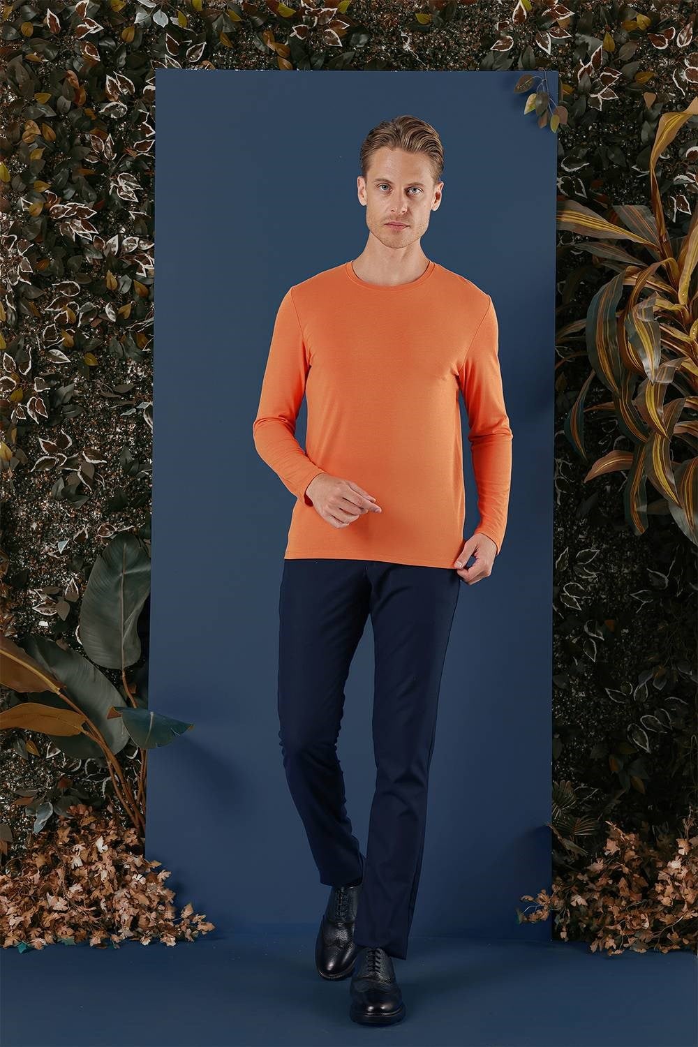 Slim Fit Esnek Pamuklu Uzun Kollu Oranj Tişört Ts 870