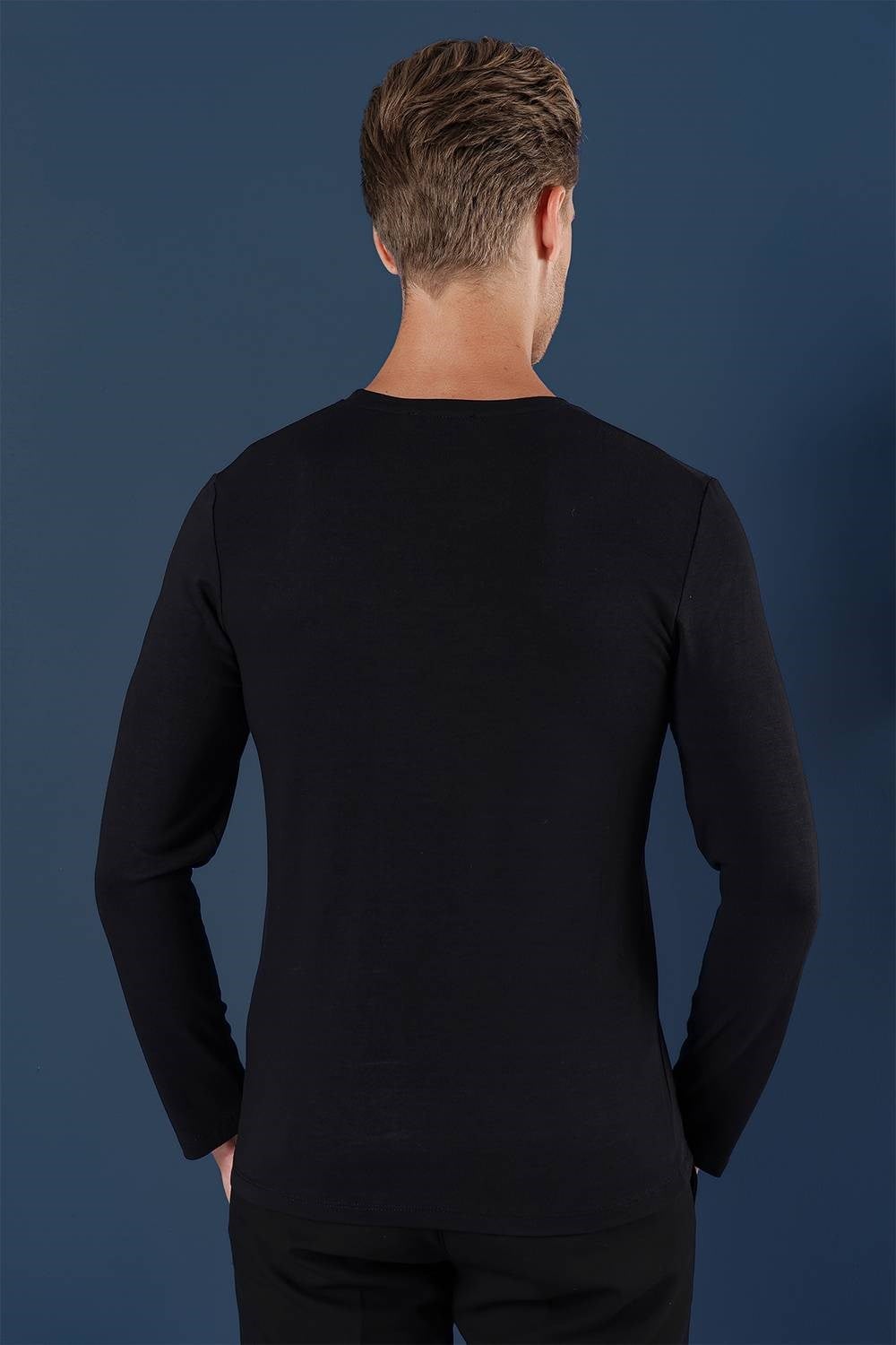 Slim Fit Esnek Pamuklu Uzun Kollu Siyah Tişört Ts 870