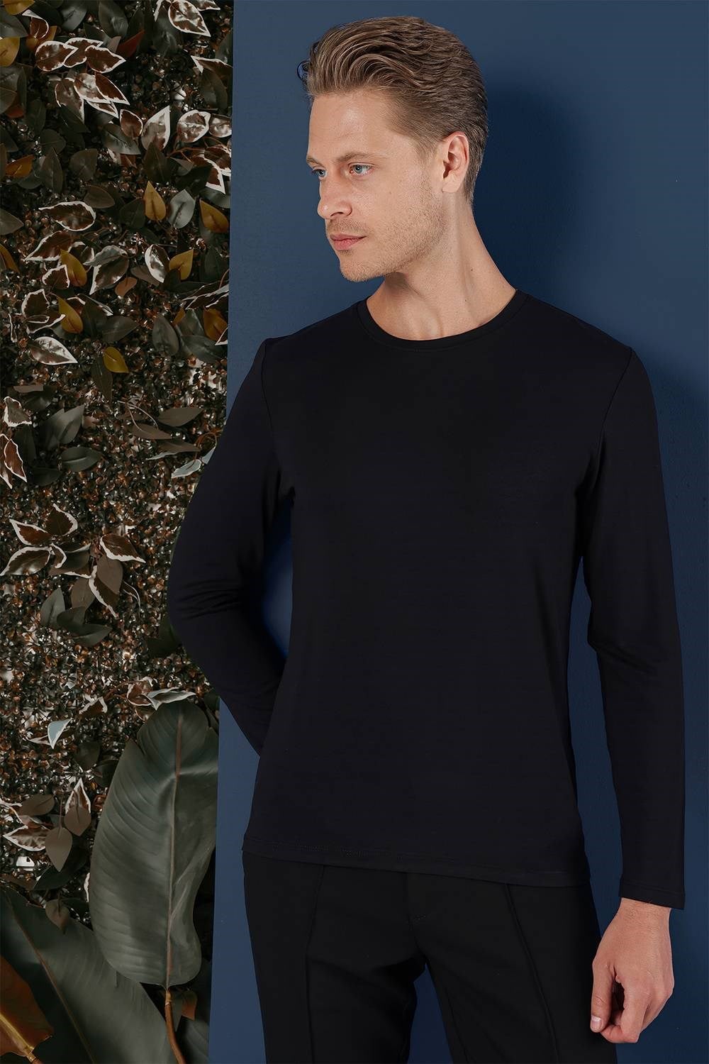 Slim Fit Esnek Pamuklu Uzun Kollu Siyah Tişört Ts 870