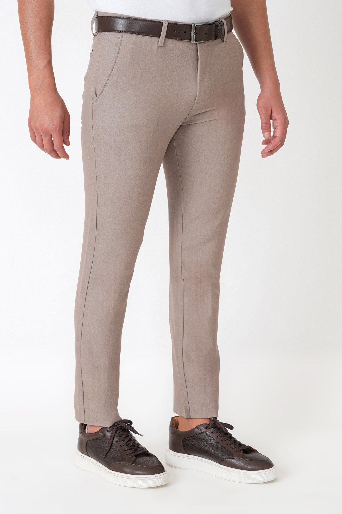 Slim Fit Esnek Pamuklu Yan Cepli Bej Pantolon P 1226