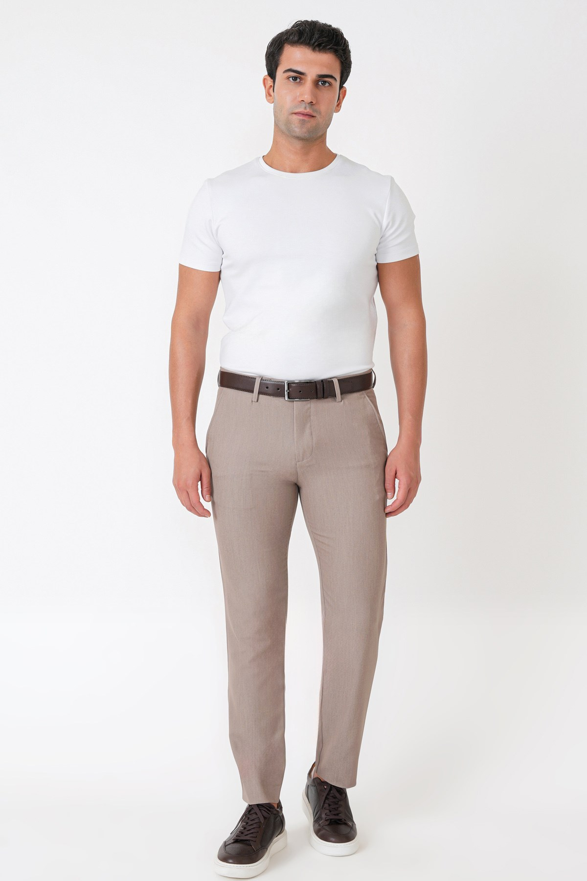 Slim Fit Esnek Pamuklu Yan Cepli Bej Pantolon P 1226
