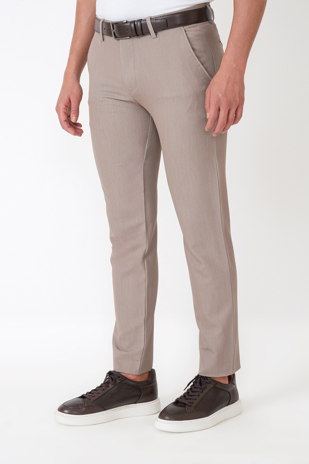 Slim Fit Esnek Pamuklu Yan Cepli Bej Pantolon P 1226