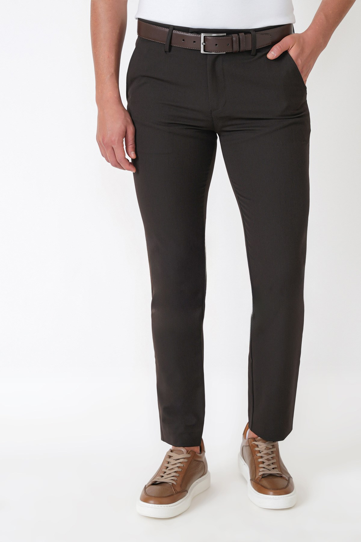 Slim Fit Esnek Pamuklu Yan Cepli Kahverengi Pantolon P 1226