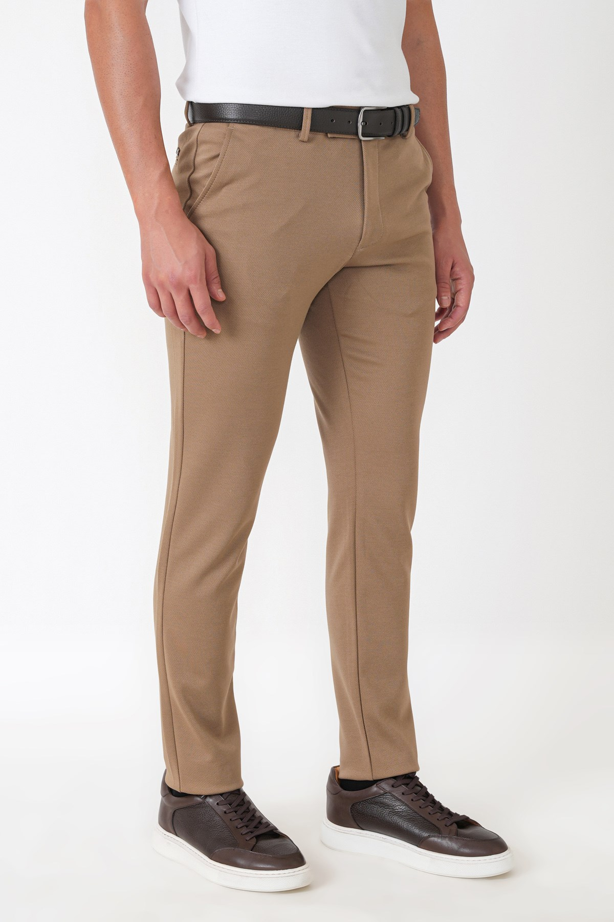Slim Fit Esnek Pamuklu Yan Cepli Koyu Bej Pantolon P 1231