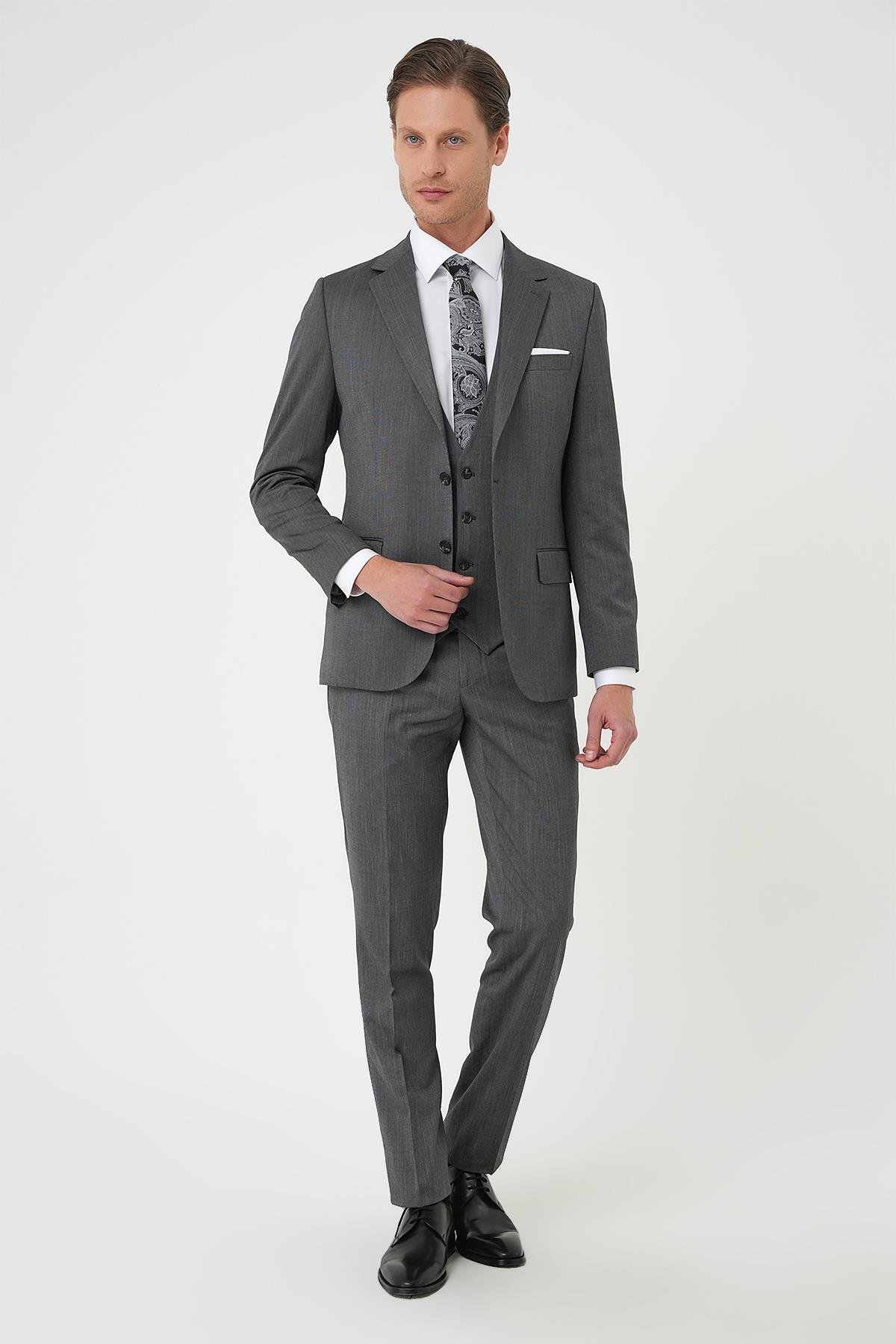 Slim Fit Esnek Yelekli Klasik Füme Takım Elbise Tk 897