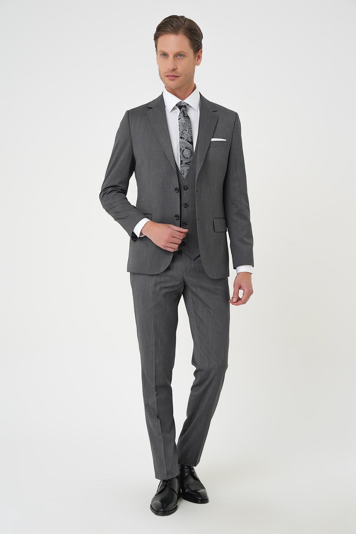 Slim Fit Esnek Yelekli Klasik Füme Takım Elbise Tk 897