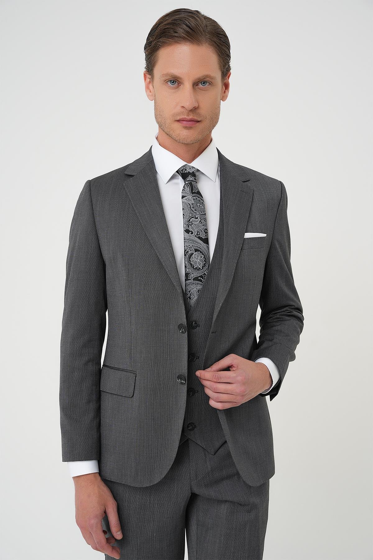 Slim Fit Esnek Yelekli Klasik Füme Takım Elbise Tk 897