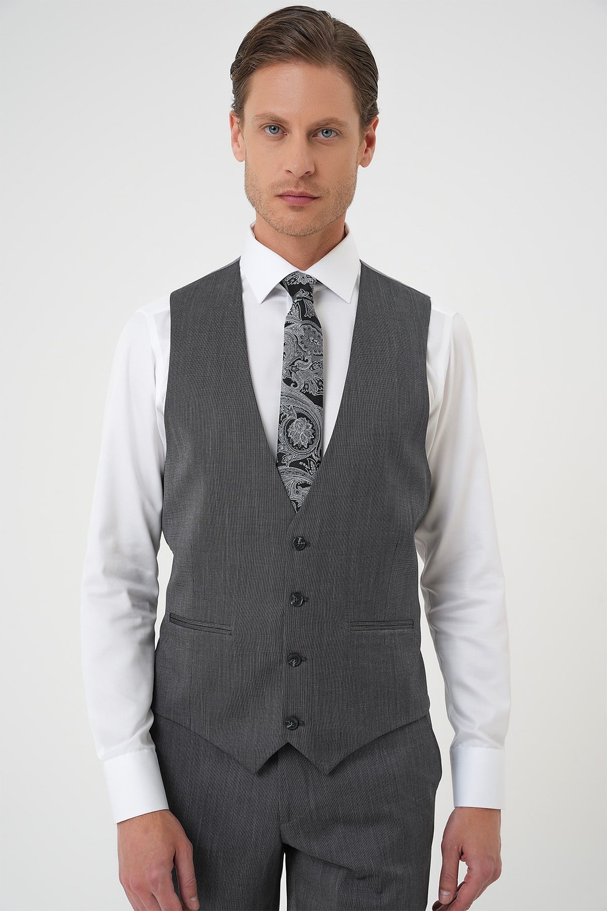 Slim Fit Esnek Yelekli Klasik Füme Takım Elbise Tk 897